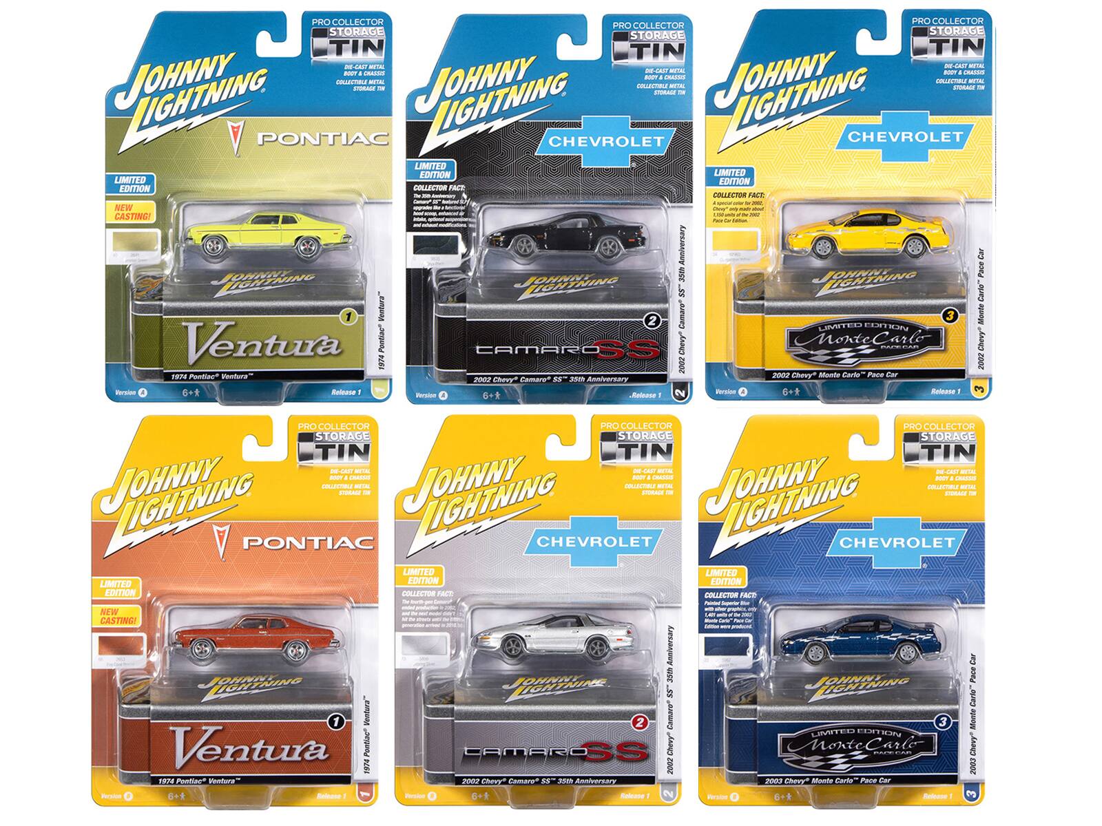 PHO COLLECTOR PRO COLLECTOR PRO COLLECTOR STORAGE STORAGE STORAGE TIN TIN TIN 440 - A MITAI NTAL BT GNASAO SOT GRASO JJOHNNY - CRASSS JOHNNY COLOCTIRLA MTAL CEABL MITA L MITAI -dA SnOdAce JOHTHIN FRORAGE PONTIAC CHEVROLET CHEVROLET LIMITED EDITION LIMITED EDITION EDITION COLLECTOR FACT COLLECTOR FACT. - - NEW CASTING! Anniversary Car 350h Pace LGHTNING JOUNNY TIGHTNING AIGHTNING 55 Caria u 2 Camaro Monte LIMITED EDITION Ventura Pontiac" Chevy Monte Carlo Chevy PEECA CAMARC SS 1974 2002 2002 FRN Pontiac Ventura 2002 Chevy Monto Carlo Pace 2002 Chevy Camaro 3500 Anniversary Persion Belease 2 Persion Rnteace Persioe 6+ Ralease PHO COLLECTOR PRO COLLECTO PRO COLLECTOR STORAGE STORAGE STORAGE TIN AP TA N-2A1T  2