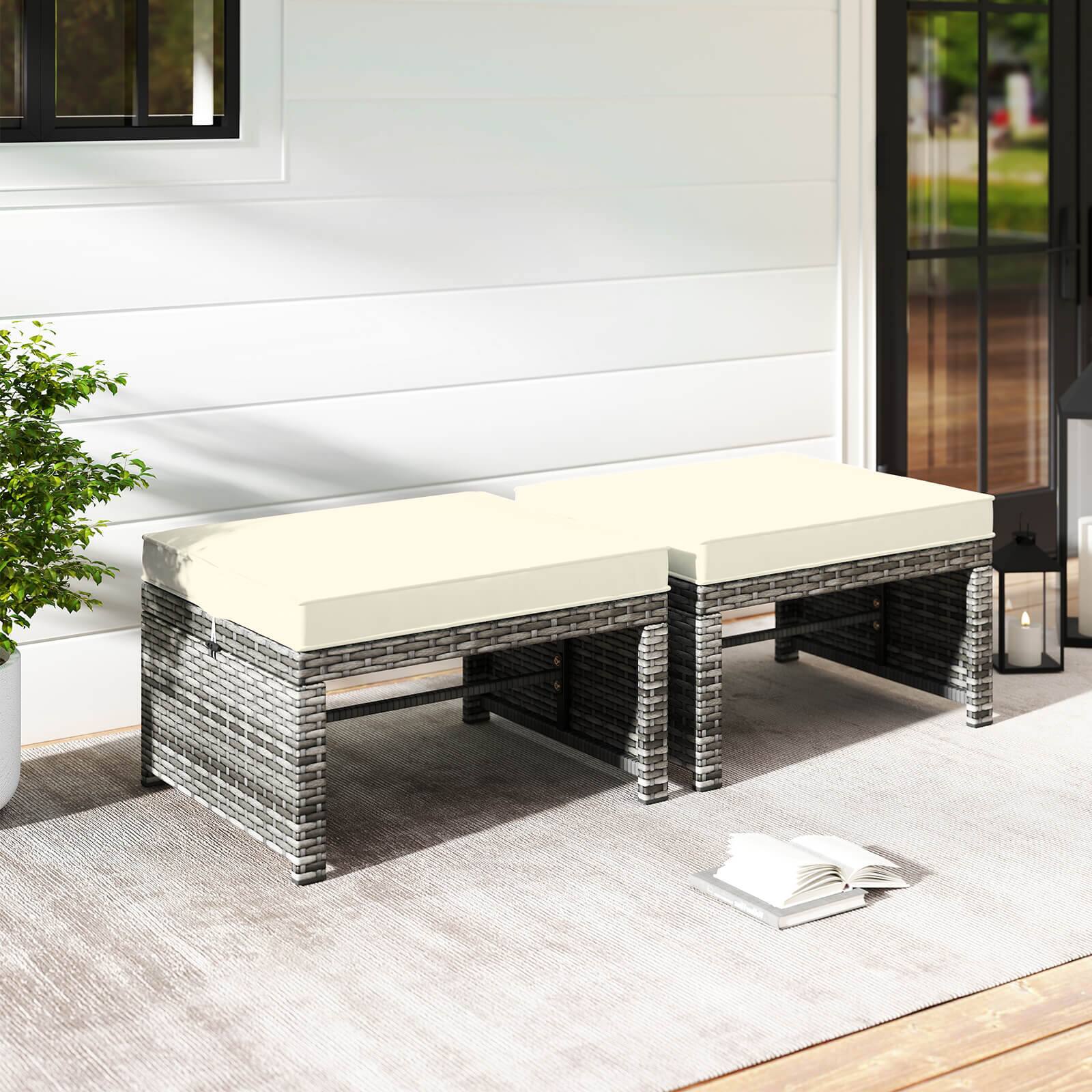 Alt View 1. Costway - Costway Patio Ottomans Set of 2 PE Rattan Footstools with Removable Cushions & Metal Frame White - White.
