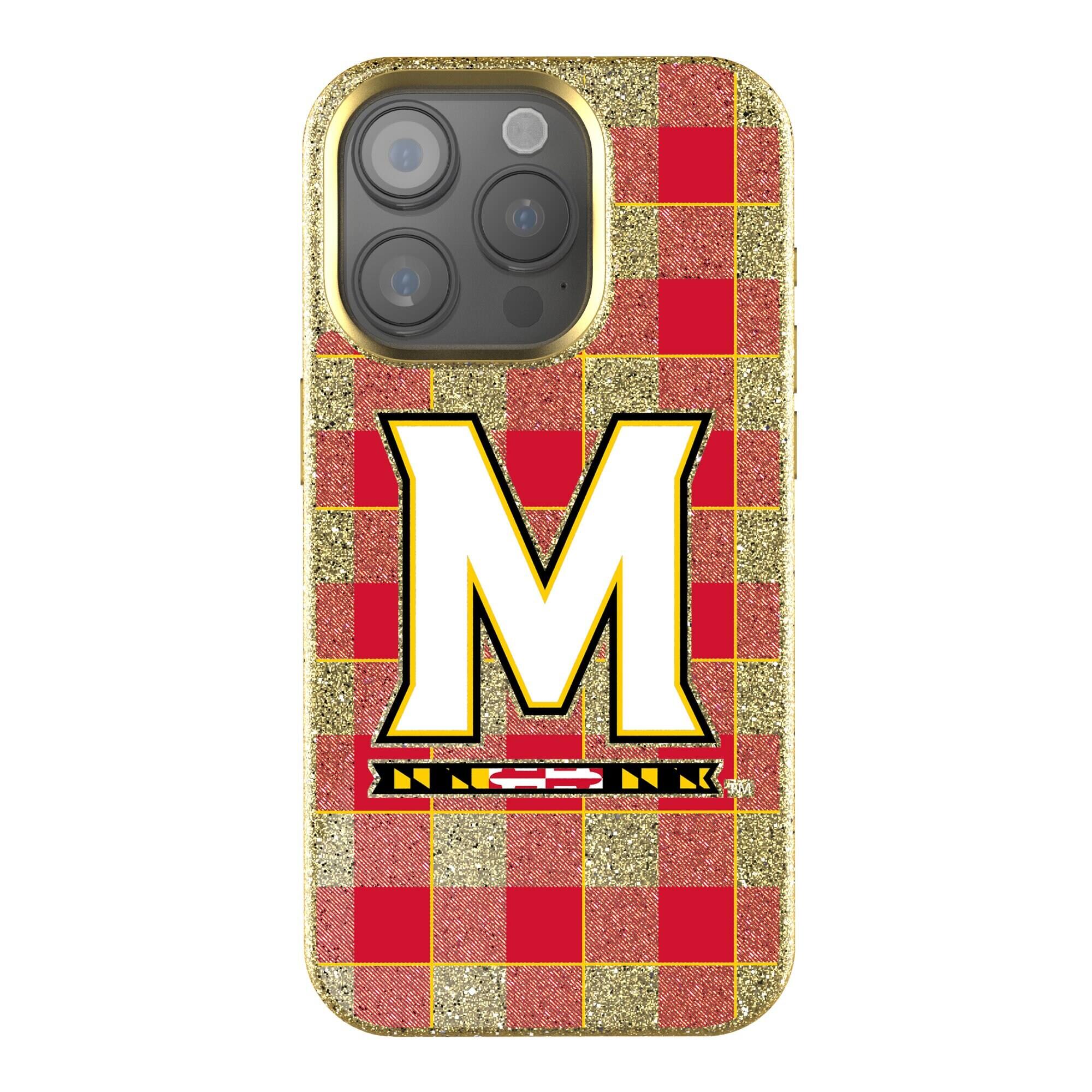 Front. Keyscaper - Maryland Terrapins Plaid Bling iPhone Case - 14 Pro - Gold.