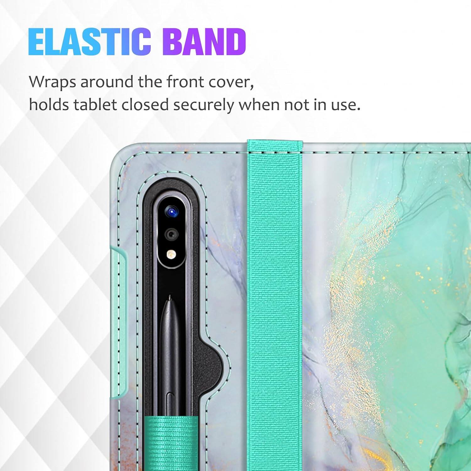 ELASTIC BAND

Wraps around the front cover, holds tablet closed securely when not in use.