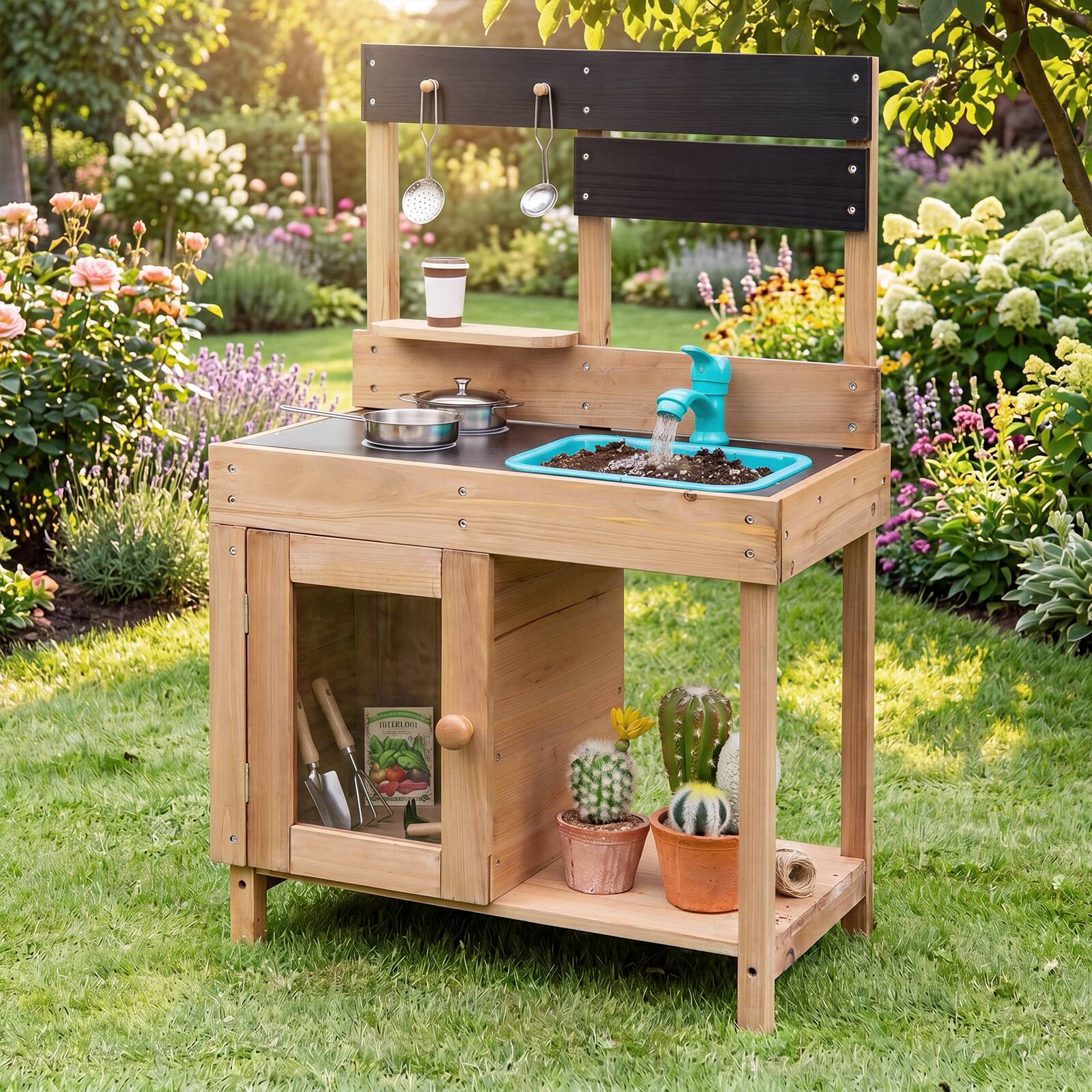 Alt View 3. Gymax - Gymax Outdoor Mud Kitchen for Kids Wooden Play Pretend Kitchen w/Stoves Sink Faucet - Yellow.