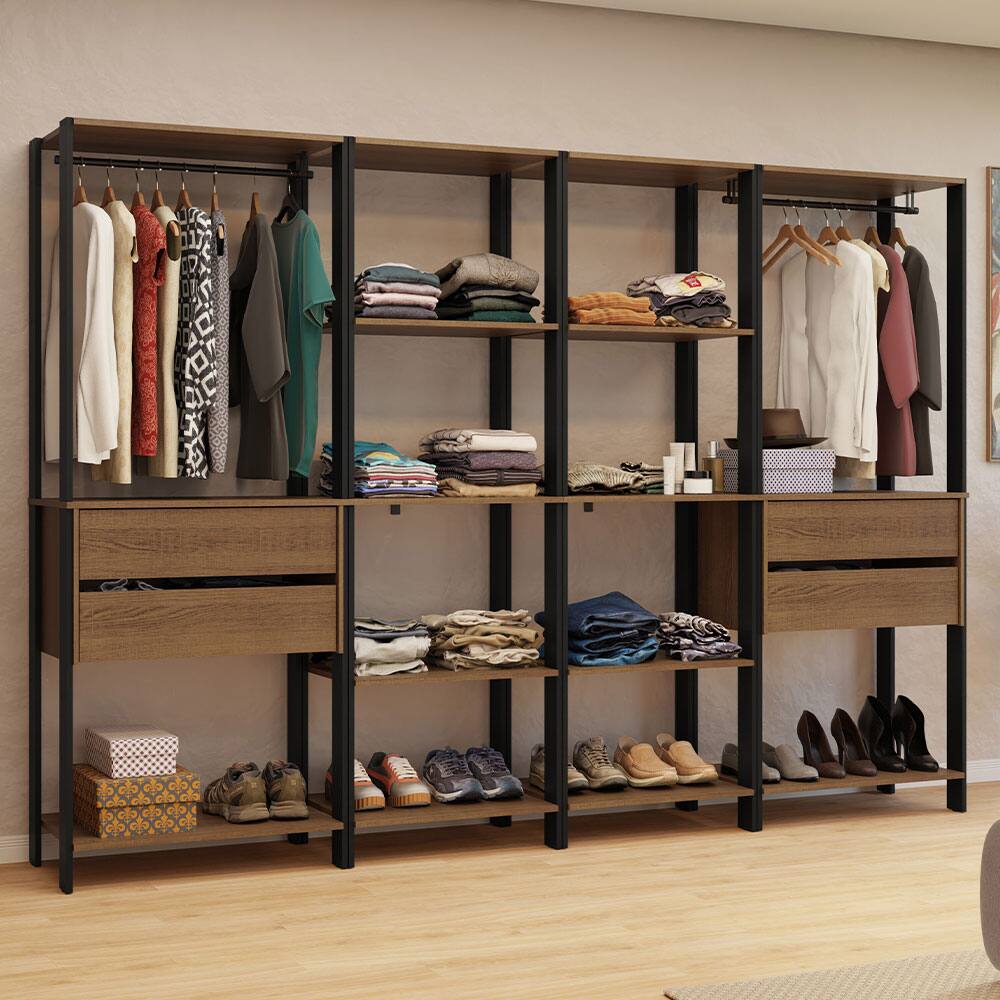 "Madesa - Wardrobe Clothes Storage Rack with 4 Drawers, Open Shelves and Hanging Spaces 102""L - Black/Brown - Rustic/Black" price history on PriceWatchPro