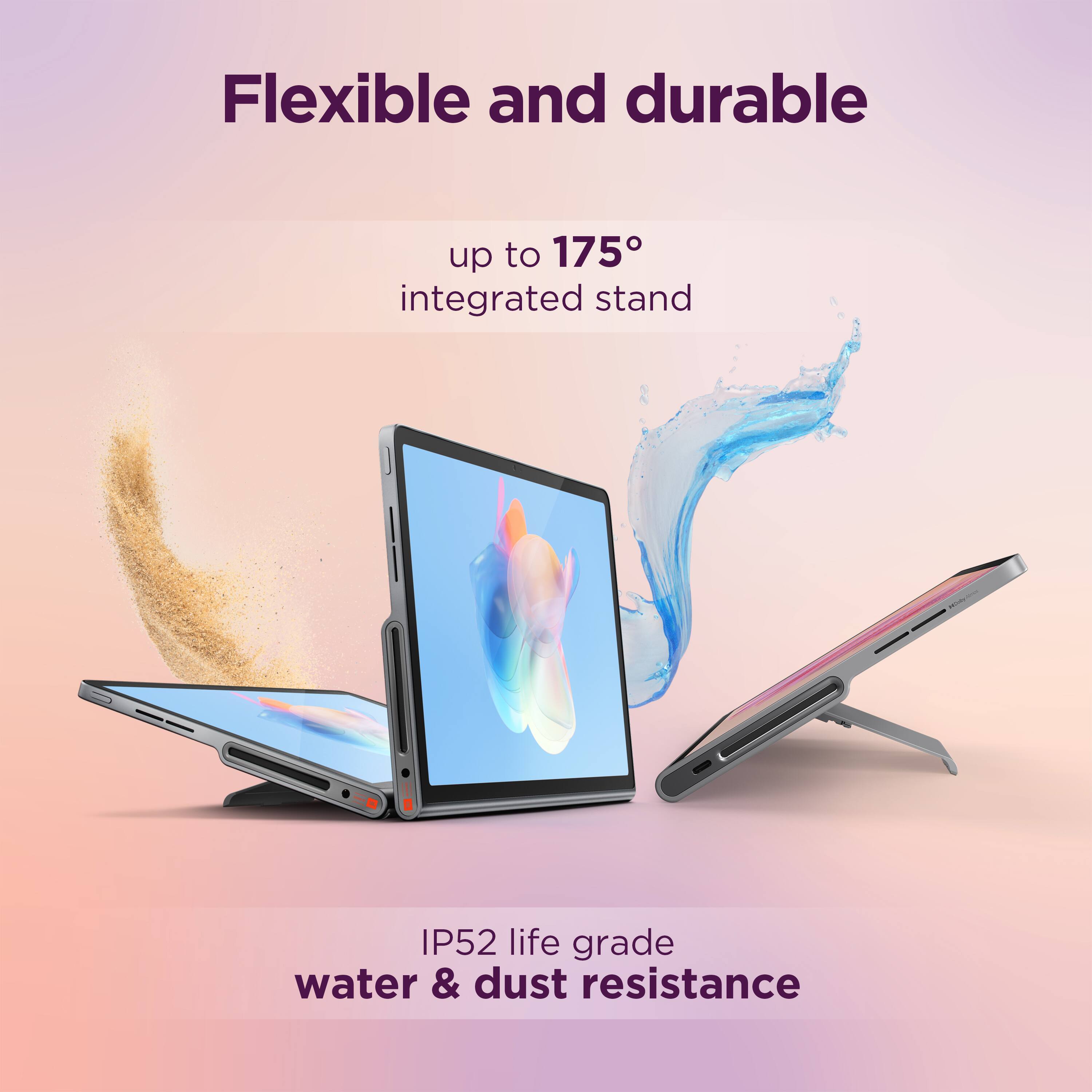 Flexible and durable up to 175 integrated stand IP52 life grade water & dust resistance.