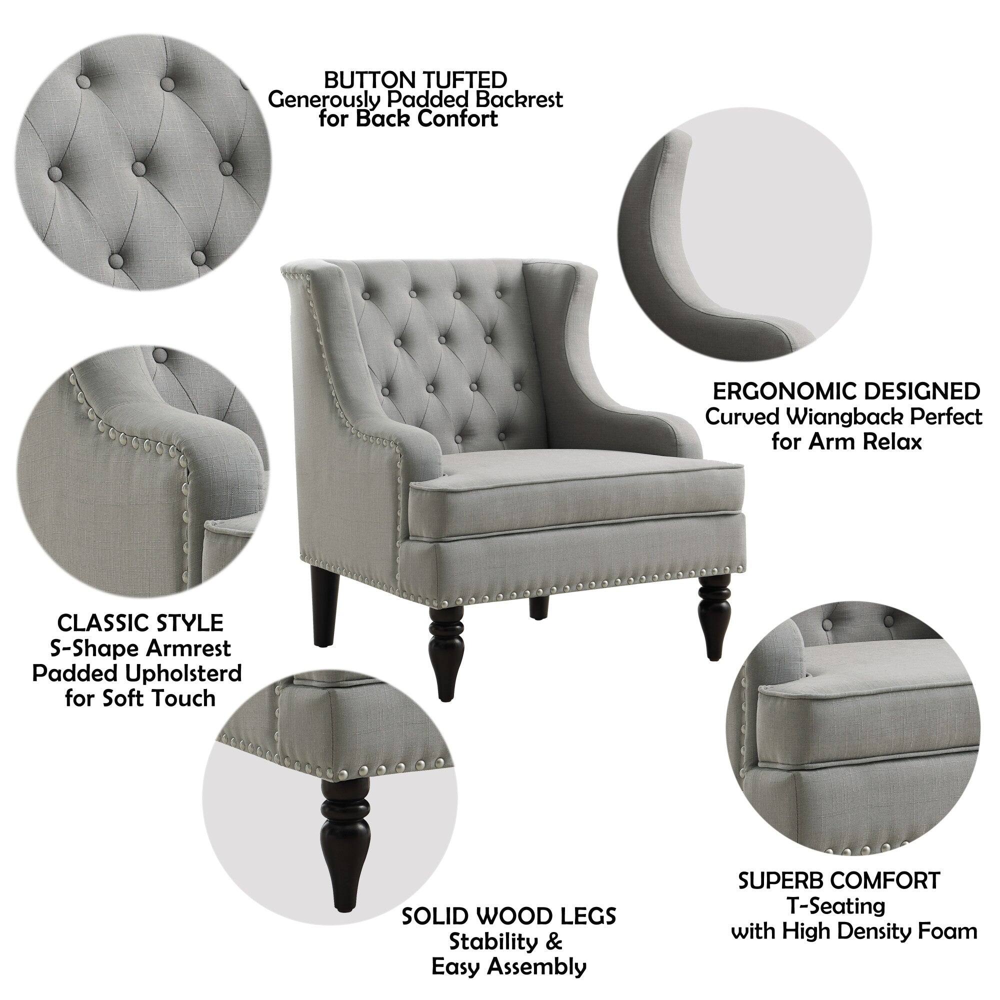 BUTTON TUFTED  
Generously Padded Backrest for Back Comfort  

ERGONOMIC DESIGNED  
Curved Wiangback Perfect for Arm Relax  

CLASSIC STYLE  
S-Shape Armrest Padded Upholstered for Soft Touch  

SOLID WOOD LEGS  
Stability & Easy Assembly  

SUPERB COMFORT  
T-Seating with High Density Foam
