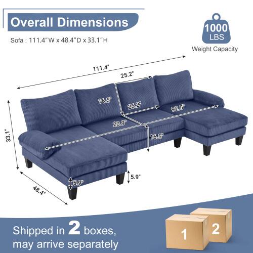 Overall Dimensions  
Sofa: 111.4"W x 48.4"D x 33.1"H  
Weight Capacity: 1000 LBS  

Shipped in 2 boxes, may arrive separately