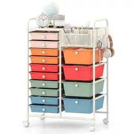 Costway - 14-Drawer Art & Craft Storage Carts with Pegboard, 2 Locking Brakes, Metal Frame for Home - Macaron+White