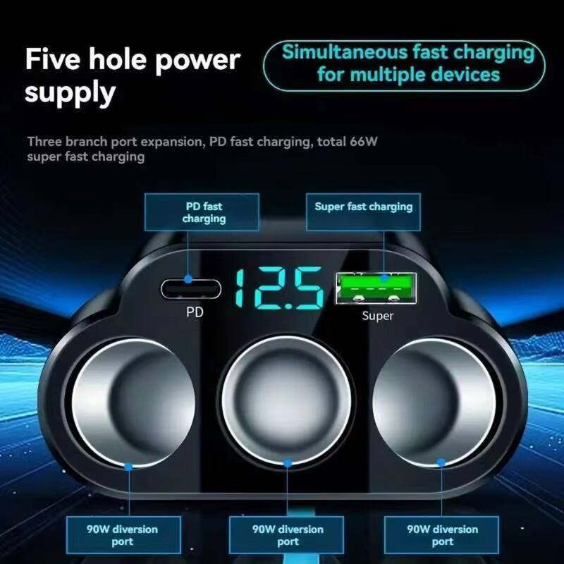 Five hole power supply  
Simultaneous fast charging for multiple devices  
Three branch port expansion, PD fast charging, total 66W super fast charging  
PD fast charging  
Super fast charging  
12.5  
90W diversion port  
90W diversion port  
90W diversion port