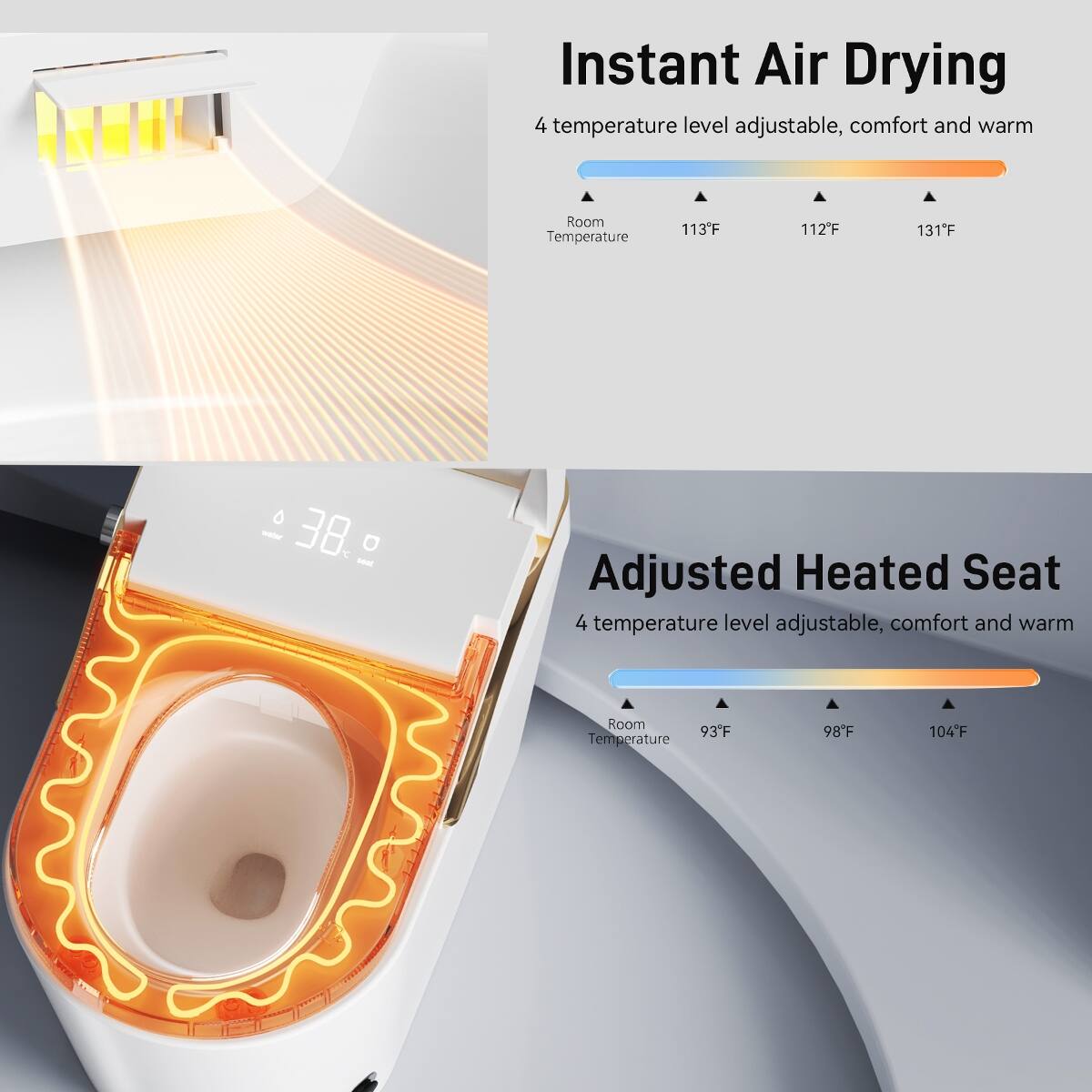 Instant Air Drying  
4 temperature level adjustable, comfort and warm  
Room Temperature  
113°F  
112°F  
131°F  

Adjusted Heated Seat  
4 temperature level adjustable, comfort and warm  
Room Temperature  
93°F  
98°F  
104°F