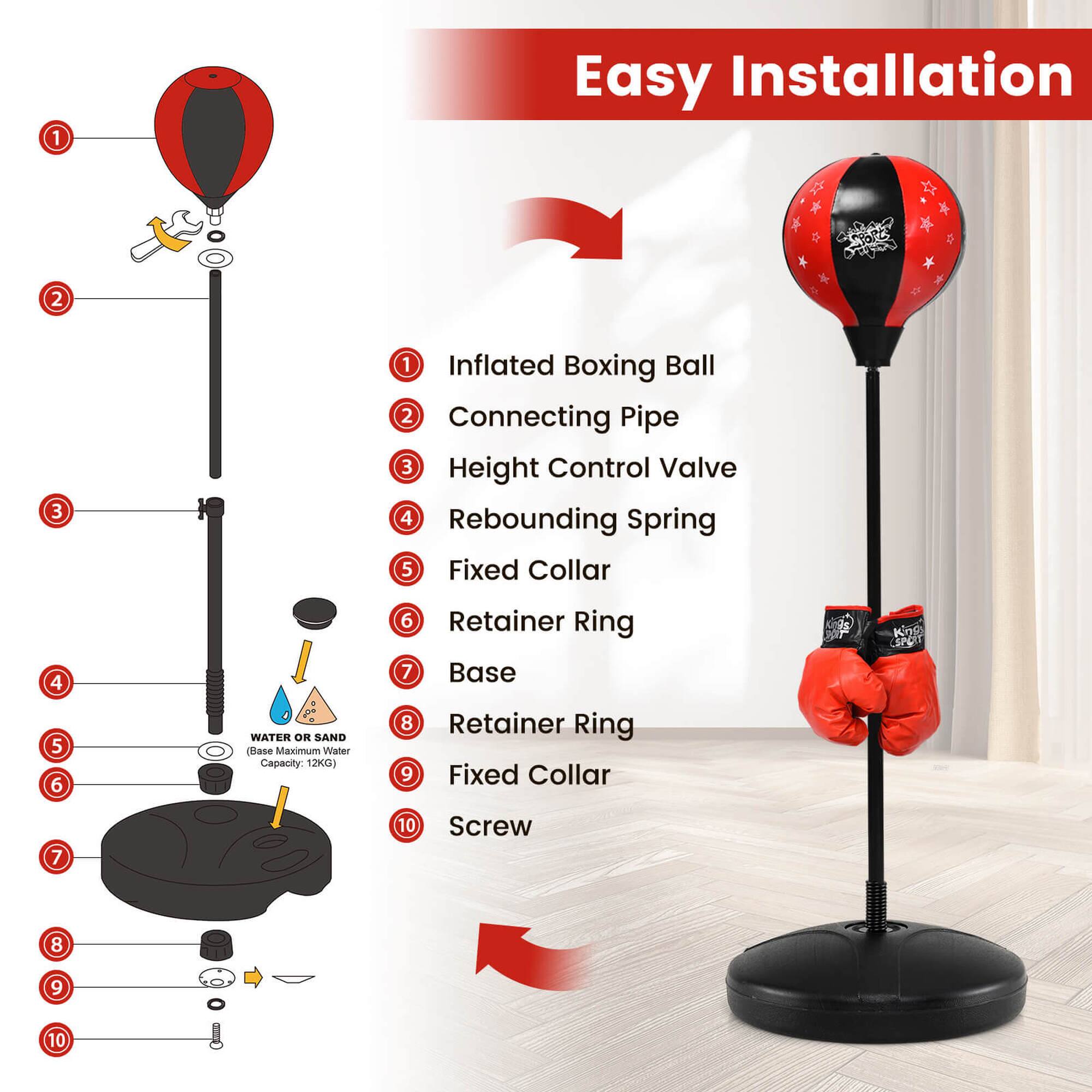 1. Inflated Boxing Ball
2. Connecting Pipe
3. Height Control Valve
4. Rebounding Spring
5. Fixed Collar
6. Retainer Ring
7. Base
8. Retainer Ring
9. Fixed Collar
10. Screw

WATER OR SAND (Maximum Water Capacity: 12KG)