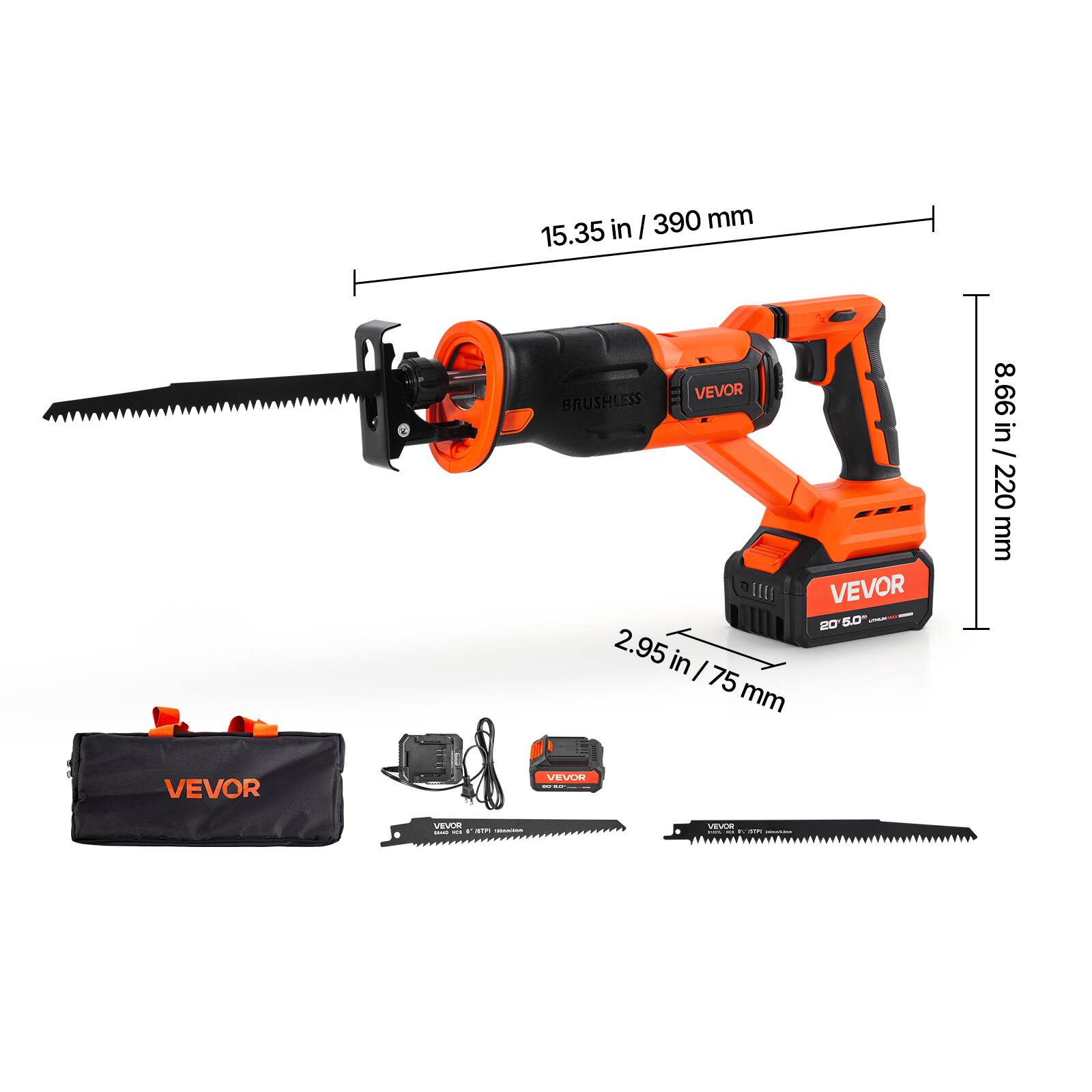 - 15.35 in / 390 mm
- 8.66 in / 220 mm
- 2.95 in / 75 mm
- VEVOR
- BRUSHLESS
- 20 5.0