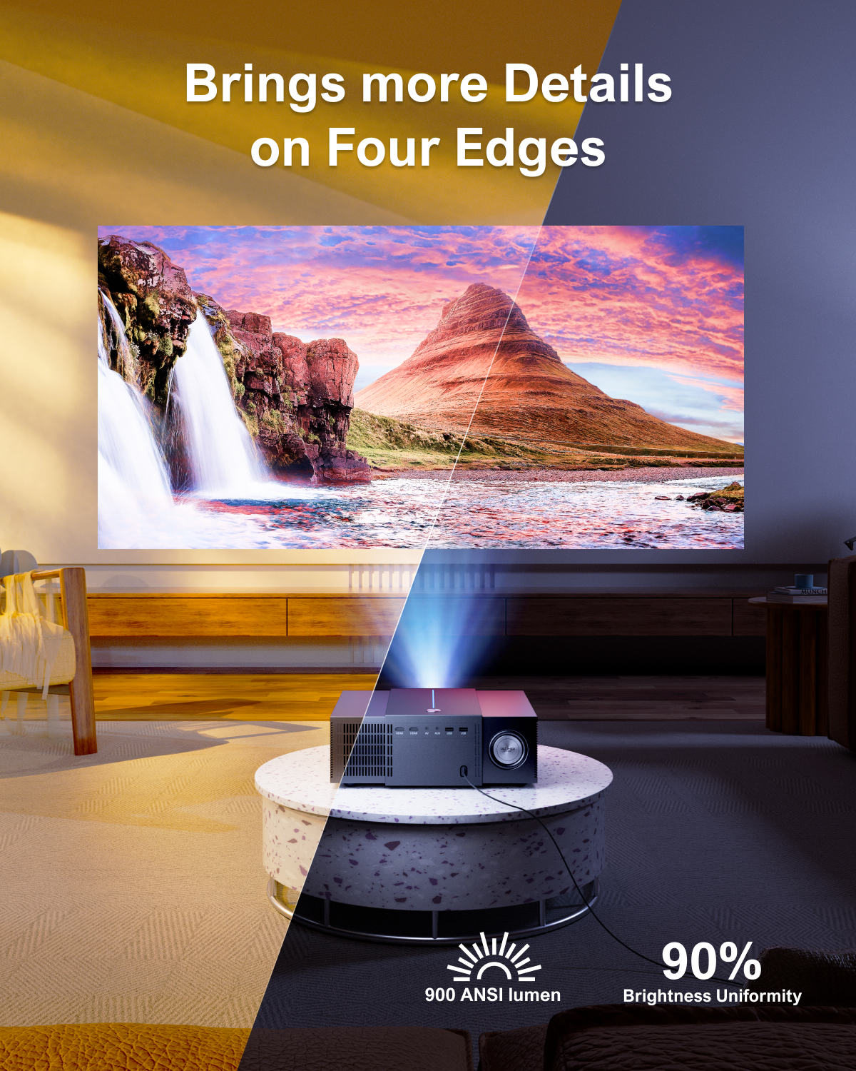 Brings more Details on Four Edges

900 ANSI lumen
90% Brightness Uniformity