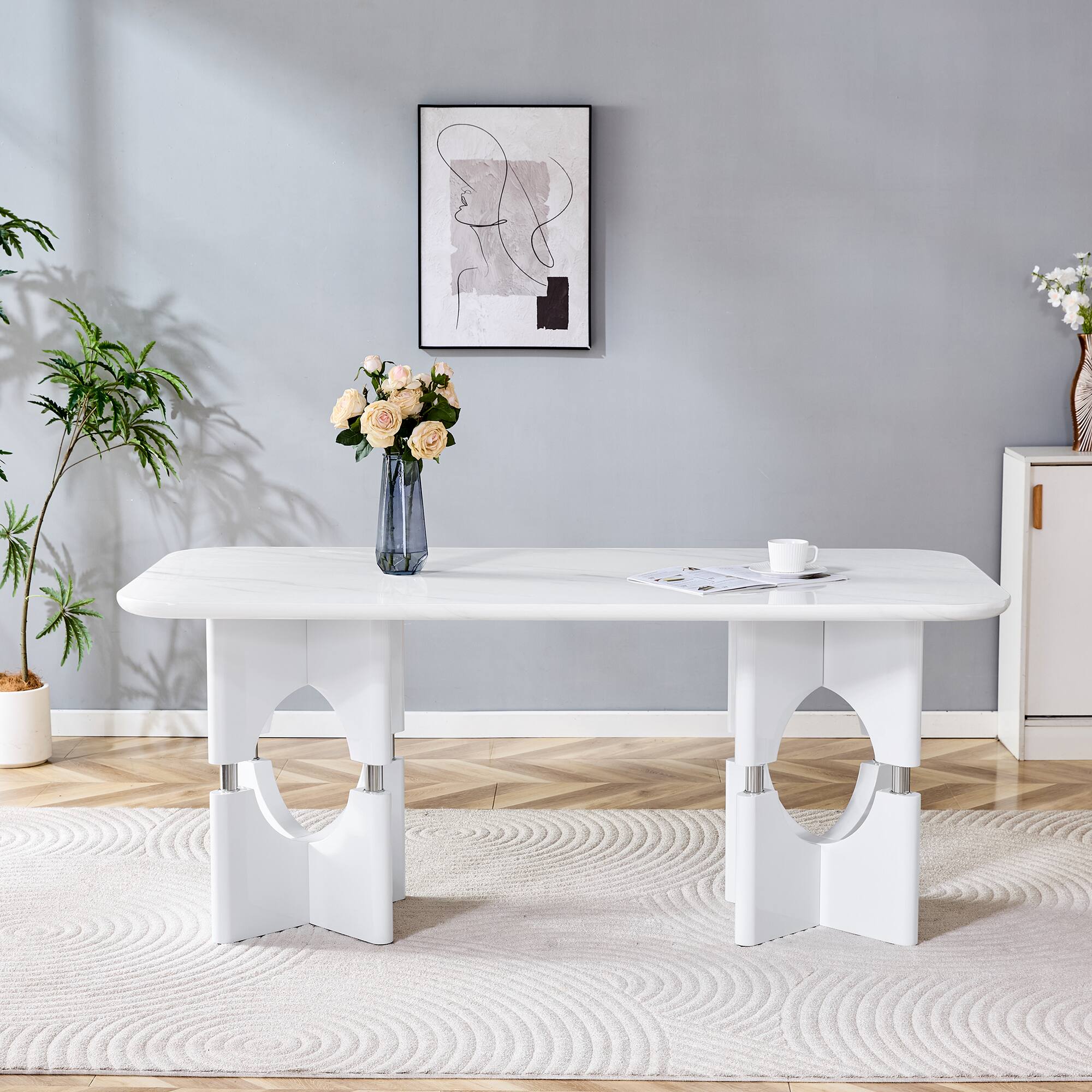 Alt View 2. Loheer - Loheer- Modern Faux Marble Dining Table 5.9x2.8x2.5 ft Hollow Metal Frame Kitchen Table For Apartments - White.