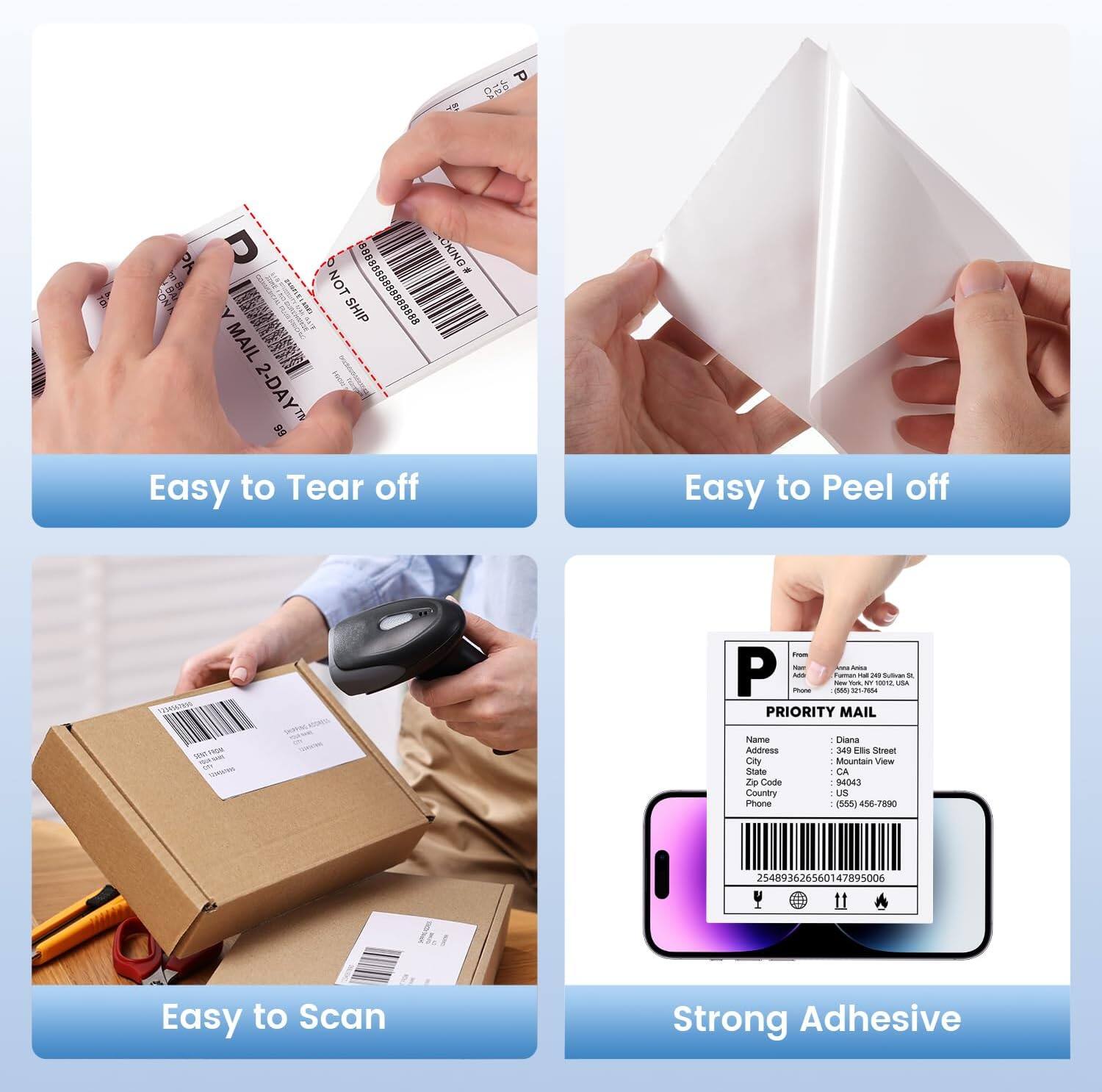 PK CKING % NOT SHIP 8888888888888888 MAIL 2-DAY 99

Easy to Tear off
Easy to Peel off
Pritelle PRINEY - - P MING - (555) Furmen PARKET mark, SP1.7651 USAN NY 249 12 Bullive's LISS St. PRIORITY MAIL

Name Address City State Zip Code Country Phone
Diana 340 HIS Street Mountain View CA 94043 us (DDD) 450-7890
254893626560147895006

Easy to Scan
Strong Adhesive