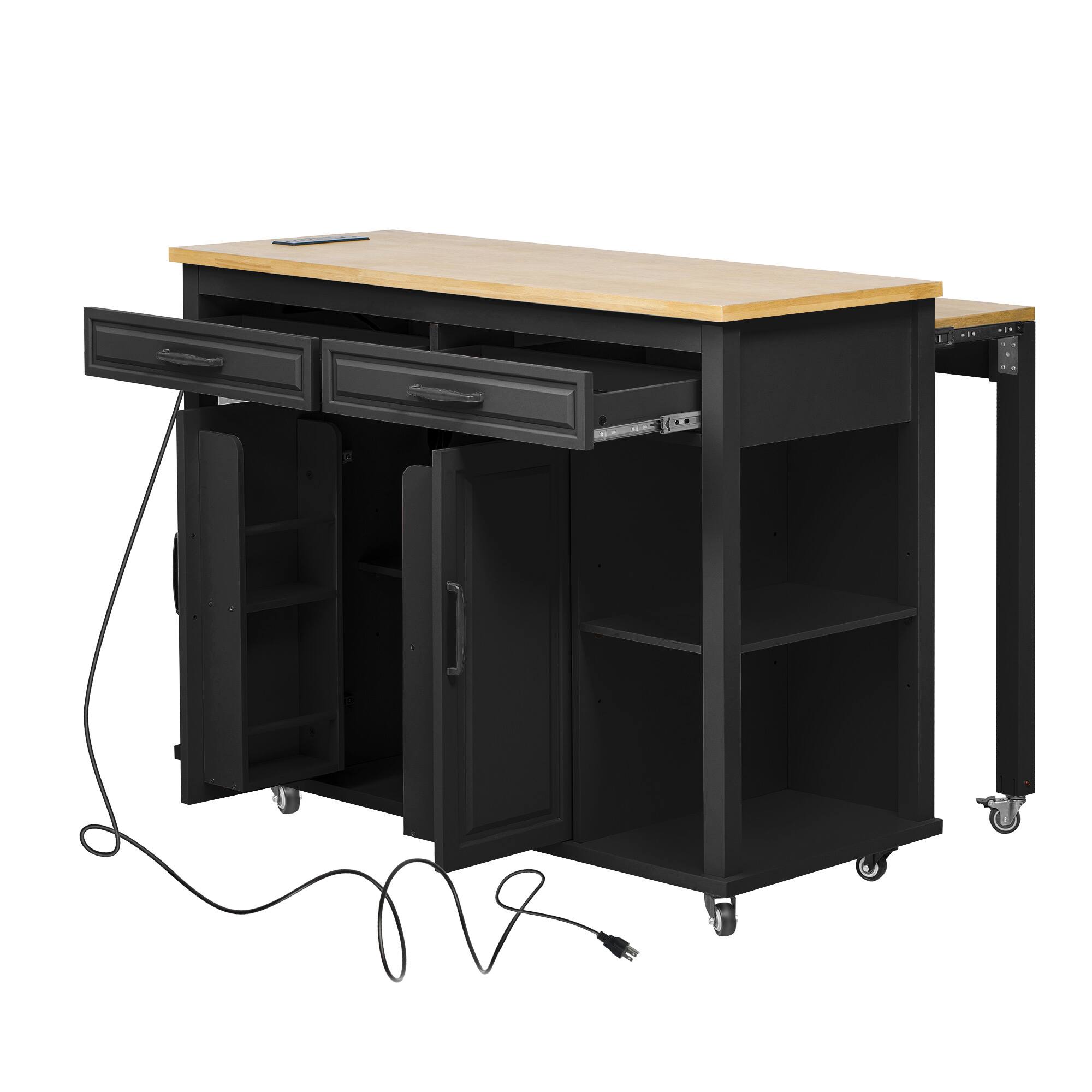 Left. Whisen - 47 inch Kitchen Island with Extendable Dining Table, Rubber Wood Veneer Top, Rolling Cart with Storage - Black.
