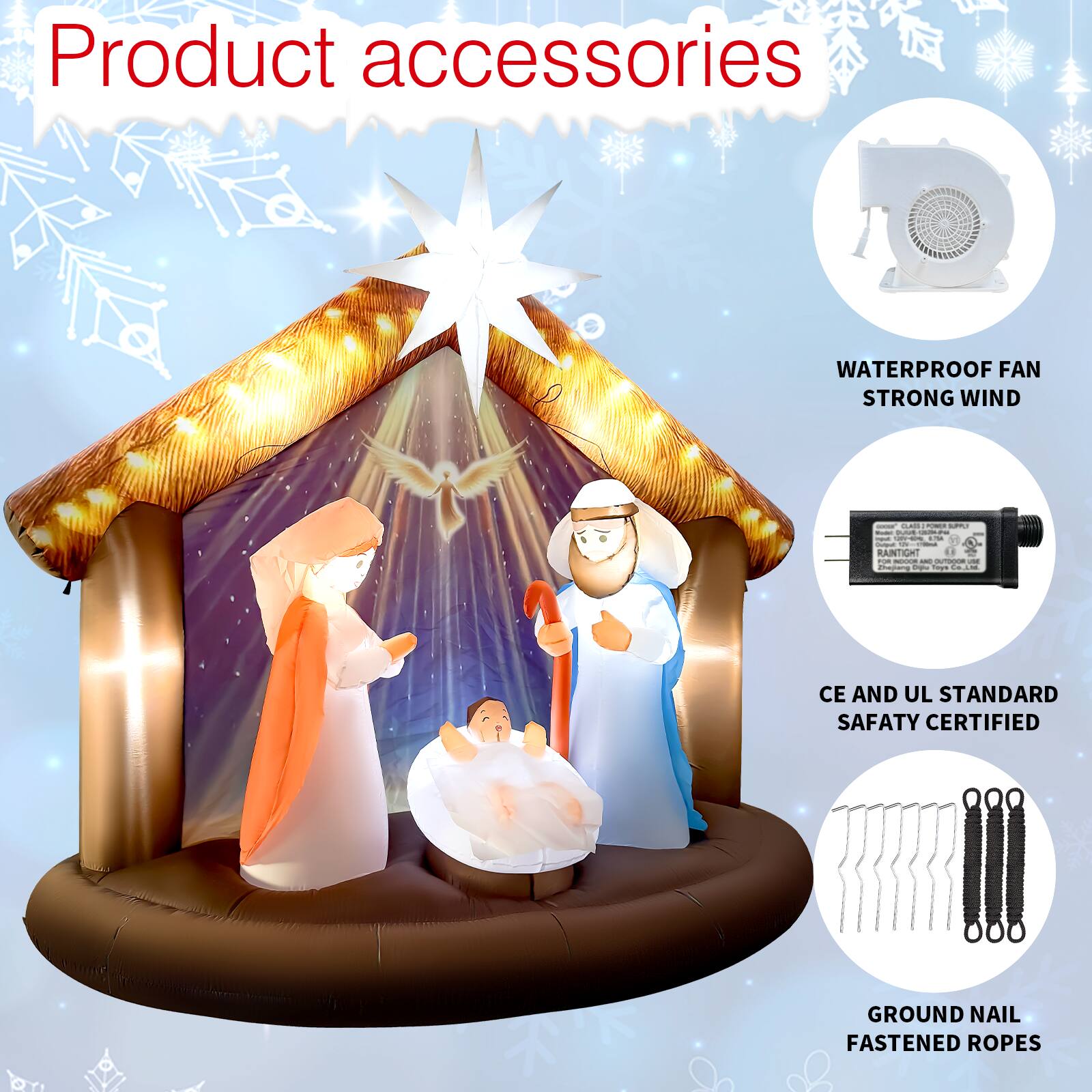 Product accessories

- WATERPROOF FAN STRONG WIND
- CE AND UL STANDARD SAFETY CERTIFIED
- GROUND NAIL FASTENED ROPES