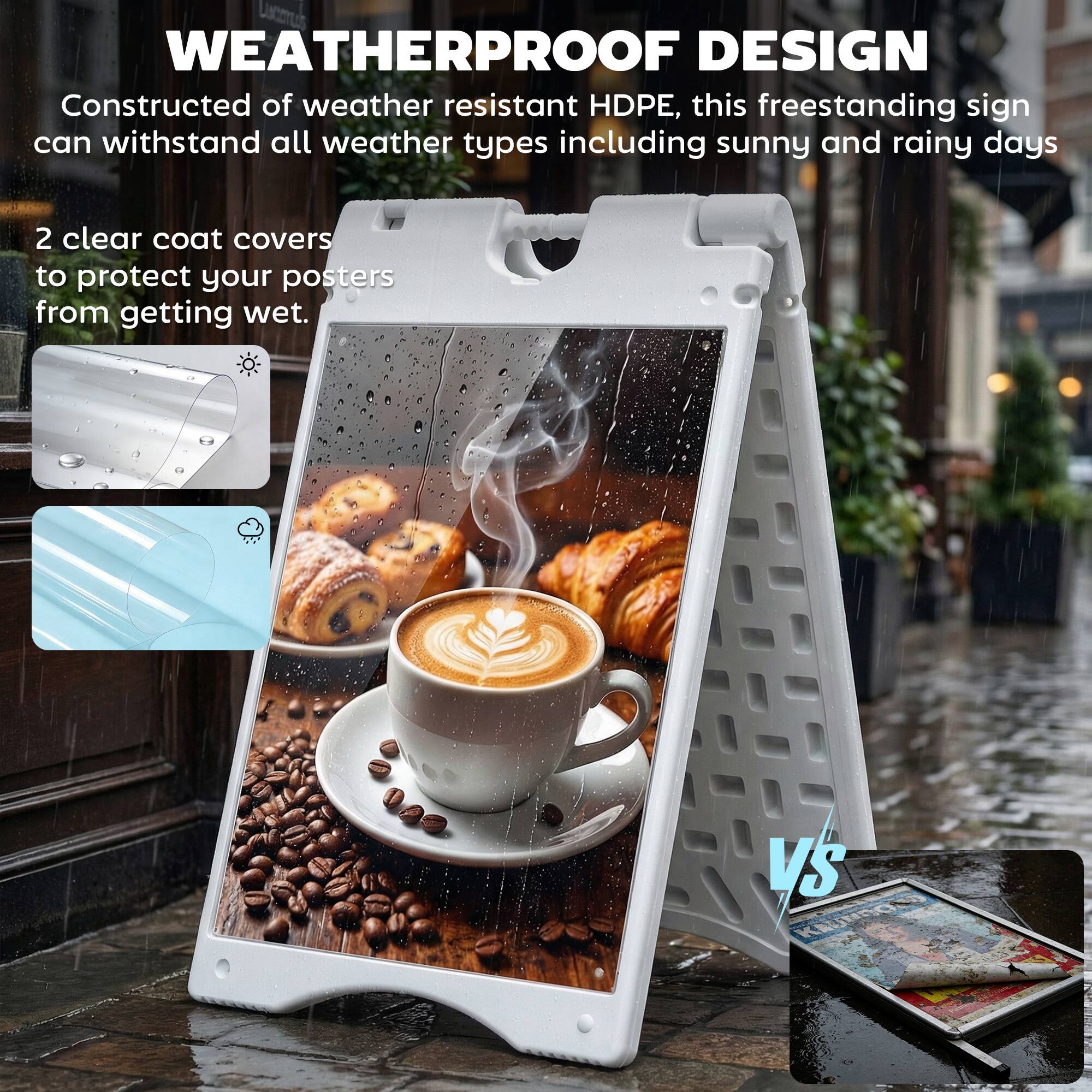 WEATHERPROOF DESIGN

Constructed of weather resistant HDPE, this freestanding sign can withstand all weather types including sunny and rainy days

2 clear coat covers to protect your posters from getting wet.