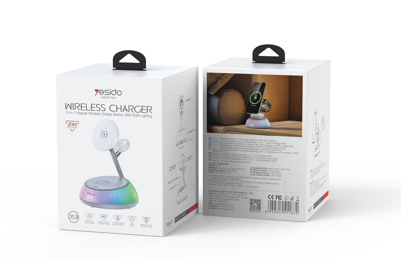 yesido Just for You WIRELESS CHARGER 3-in-1 Magnet Wireless Charge Station, With RGB Lighting

- EN 3m Magner In Wirelons Feot Charge Station We - rapido ROR Lighting R 3e1 sono N esigntique Manumian 2-en. - clarage ROB DE ec  NL Magnetische drafticne  e draadloze mu PL soeRogo kodowara beaprhewodowego 21 ROb-verichting e megnetycbrym RO de incrcers uohsestom RCI ES Fackos wiroless 3 i I ~ de Puncnare ROR P de rpide 1 en 1 non Carda Repide Sers luminaciin FGN AR  Pios 3 on co J     luminalo ROO RGS Product Moden Materiat & Zie Compatible With Earphone Output Aov-A0G-PC - Waich Inout 2 - Output 2.2/ (Mix) AD-W Wiretess Oulput SM Tottal inxl 1 Output Power 20W (Max Lighting Adjustable Vie 1 Lighting Modes Sutable For 2