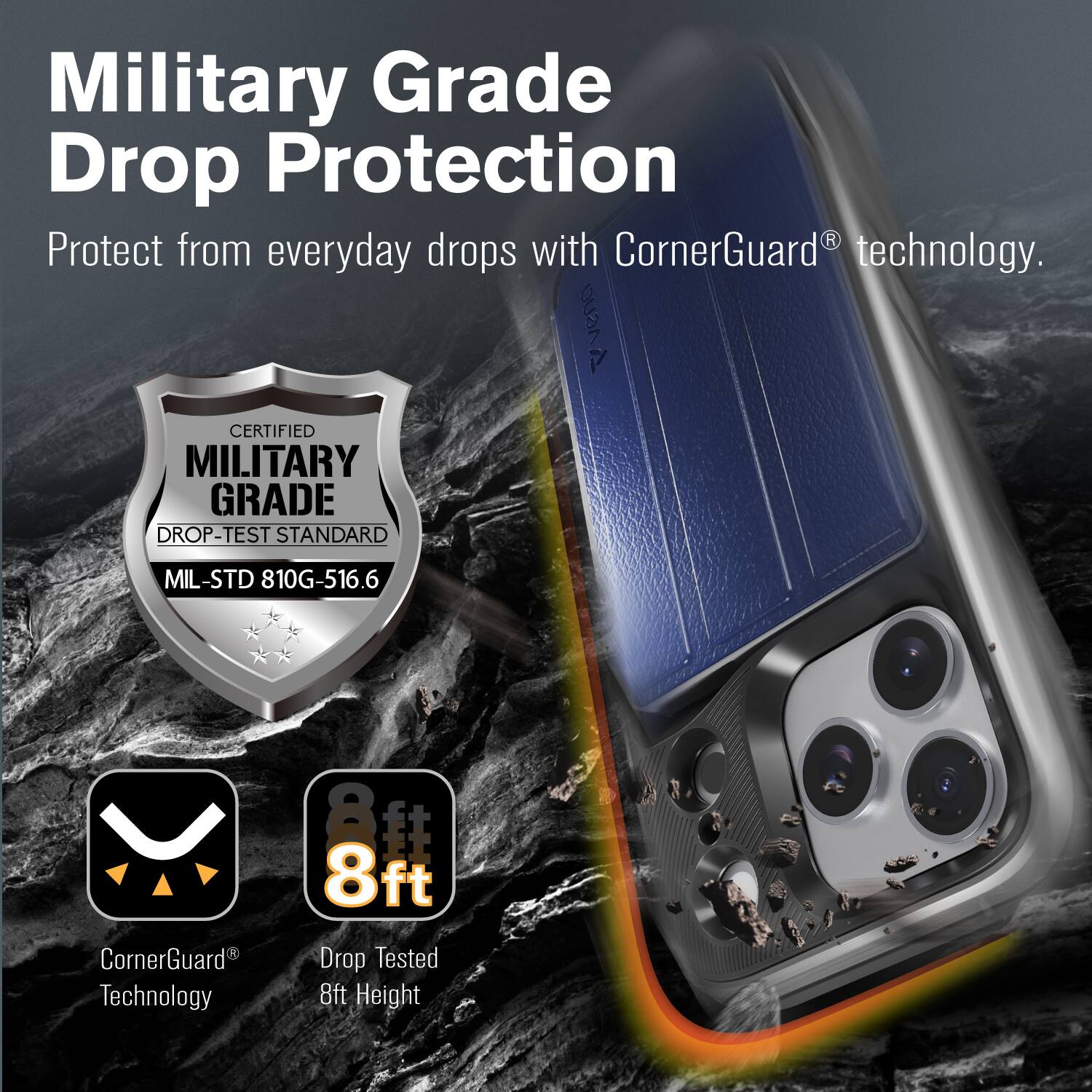 Military Grade Drop Protection  
Protect from everyday drops with CornerGuard® technology.  

CERTIFIED  
MILITARY GRADE  
DROP-TEST STANDARD  
MIL-STD 810G-516.6  

CornerGuard® Technology  
Drop Tested 8ft Height