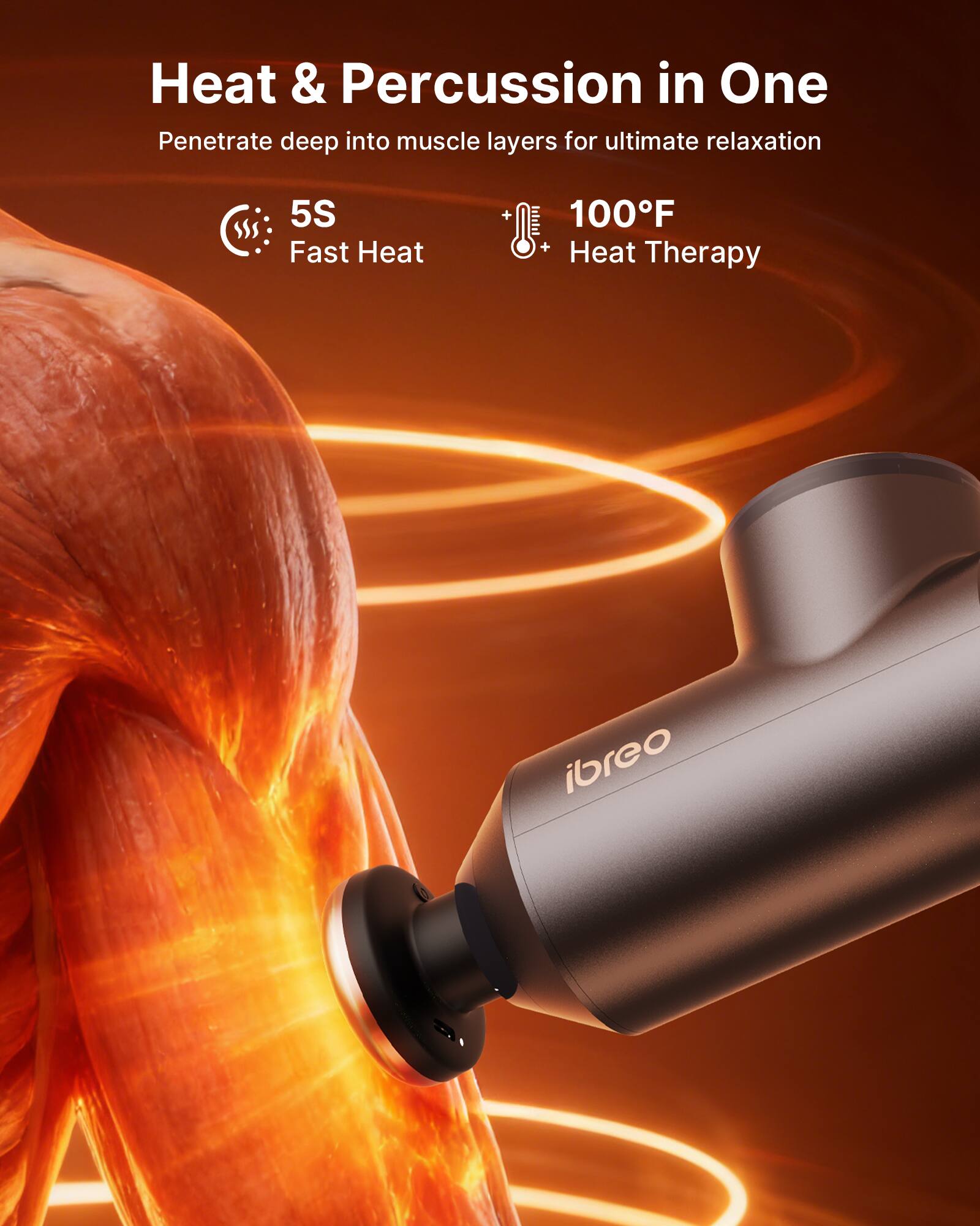 Heat & Percussion in One  
Penetrate deep into muscle layers for ultimate relaxation  
5S Fast Heat + 100°F + Heat Therapy  
ibre