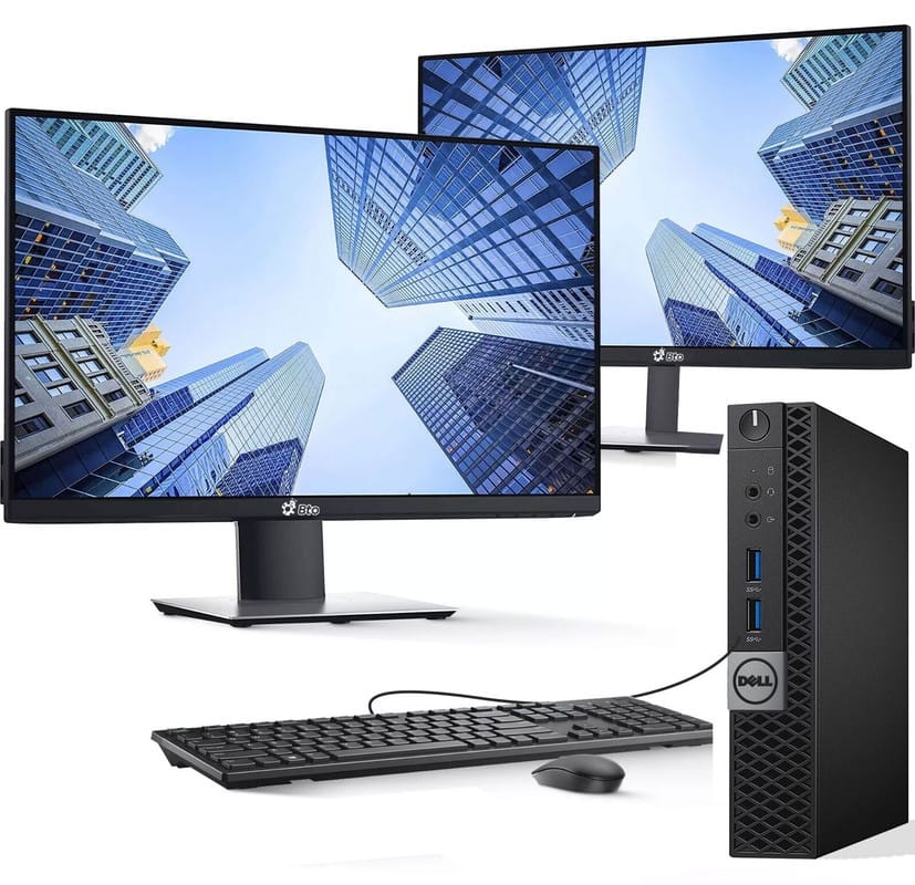 The text on the image is:

- "DELL" (on the monitors and the tower)
- "USB" (on the tower)
- "SPD" (on the tower)