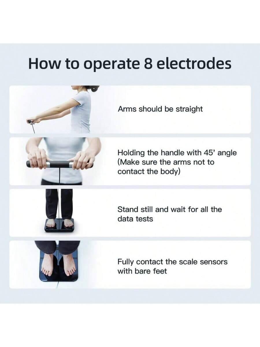 How to operate 8 electrodes

- Arms should be straight
- Holding the handle with 45° angle (Make sure the arms not to contact the body)
- Stand still and wait for all the data tests
- Fully contact the scale sensors with bare feet