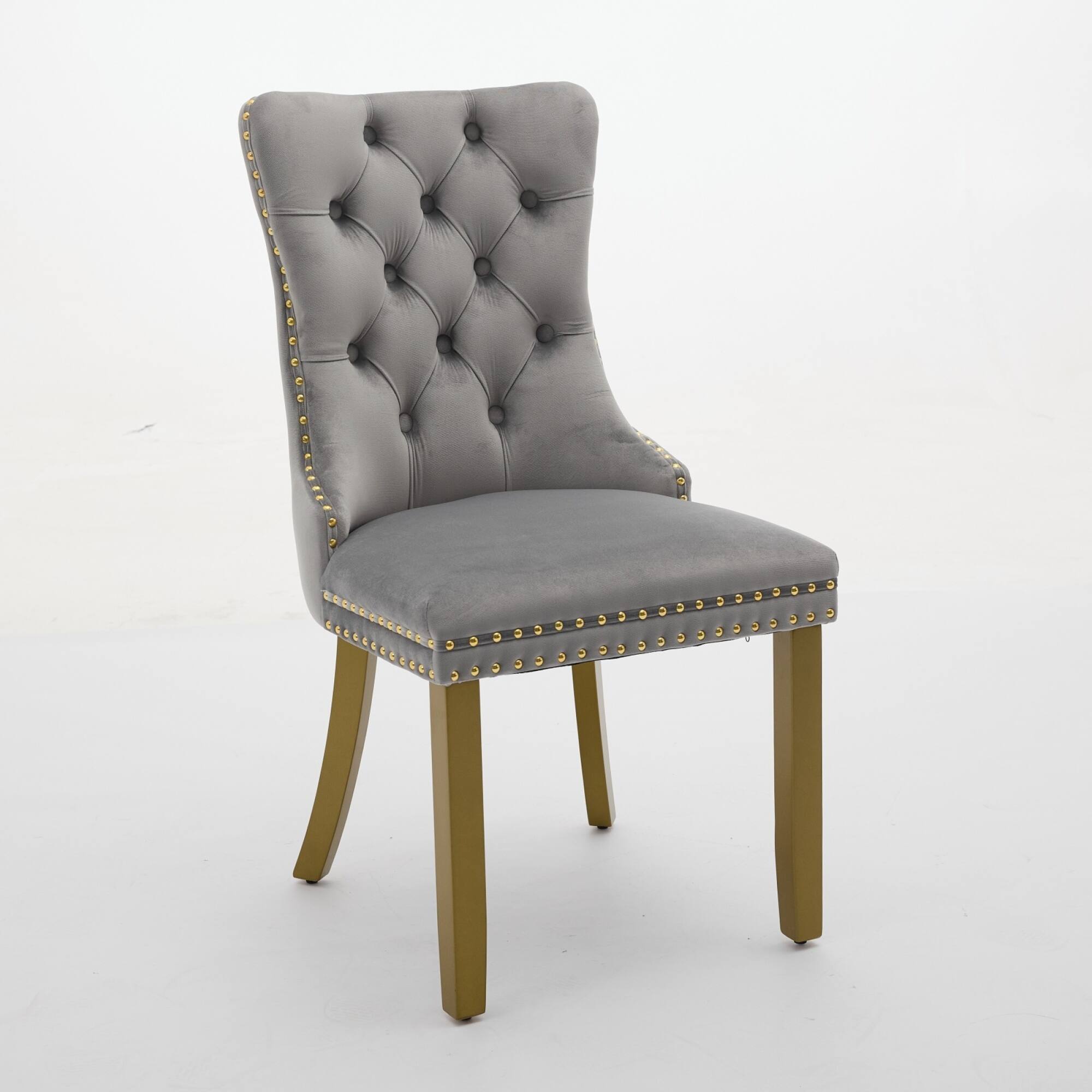 Left. GOODSILO - Modern High-End Tufted Velvet Upholstered Dining Chairs with Solid Wood Legs and Nailhead Trim, Set of 2 - Light Gray.