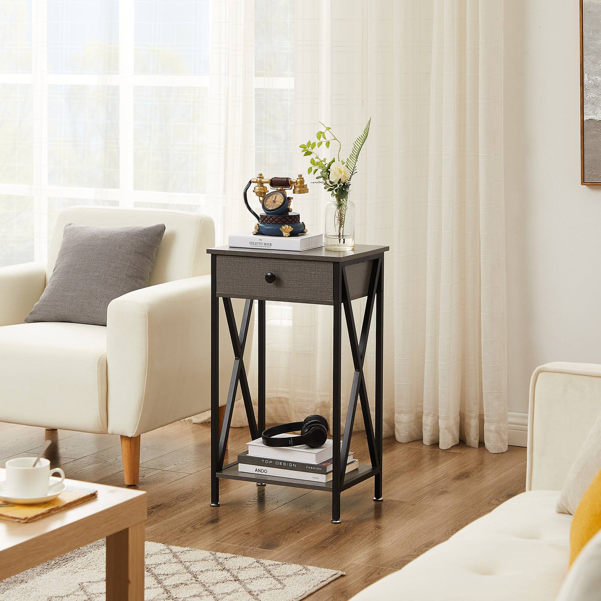 Front. Vecelo - 1Pack Tall Nightstand with Drawer and Shelf, Bedside Table with Storage, Modern End Table for Bedroom Living Room - Grey.