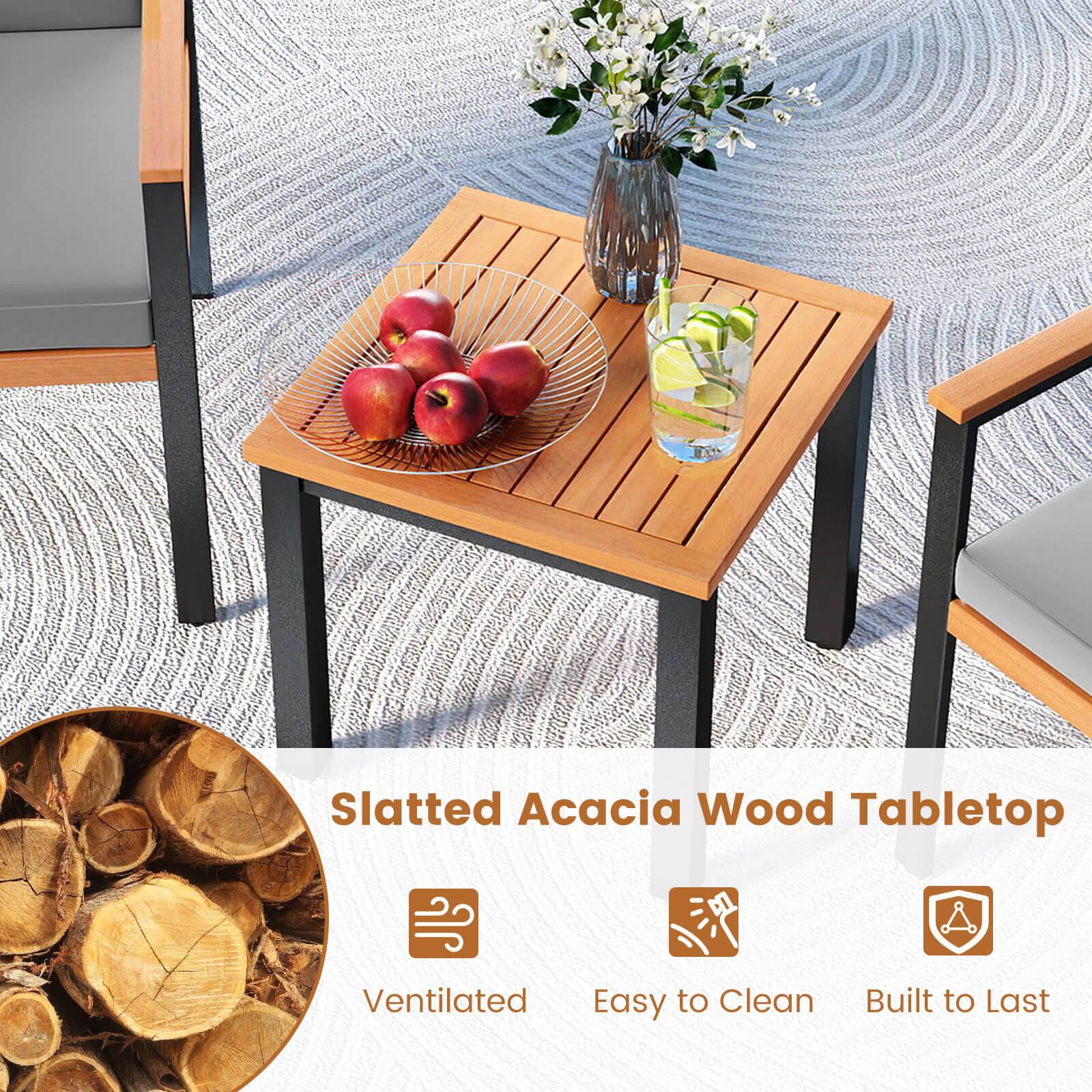 Slatted Acacia Wood Tabletop  
Ventilated  
Easy to Clean  
Built to Last