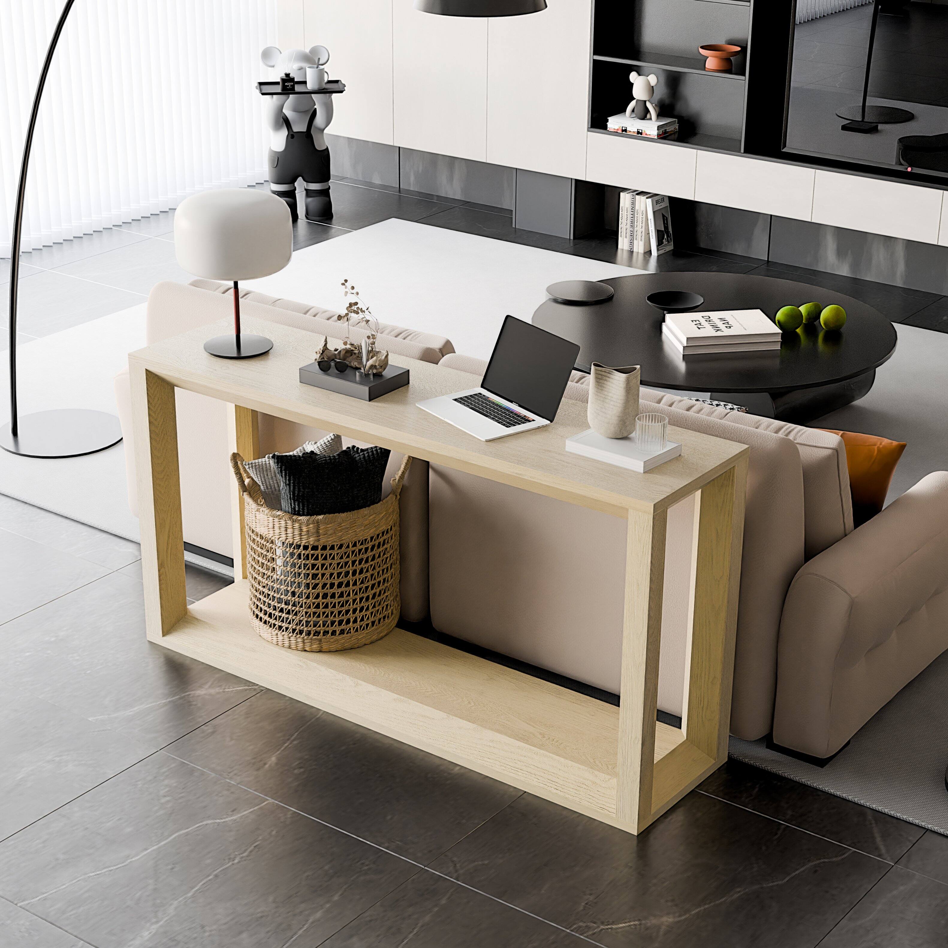 Angle. Loheer - Loheer Console Table, 60 Inch Oak Wash Sofa Table with Open Shelf, Narrow Entryway Table Behind Couch for Living Room - Imitative Oak.