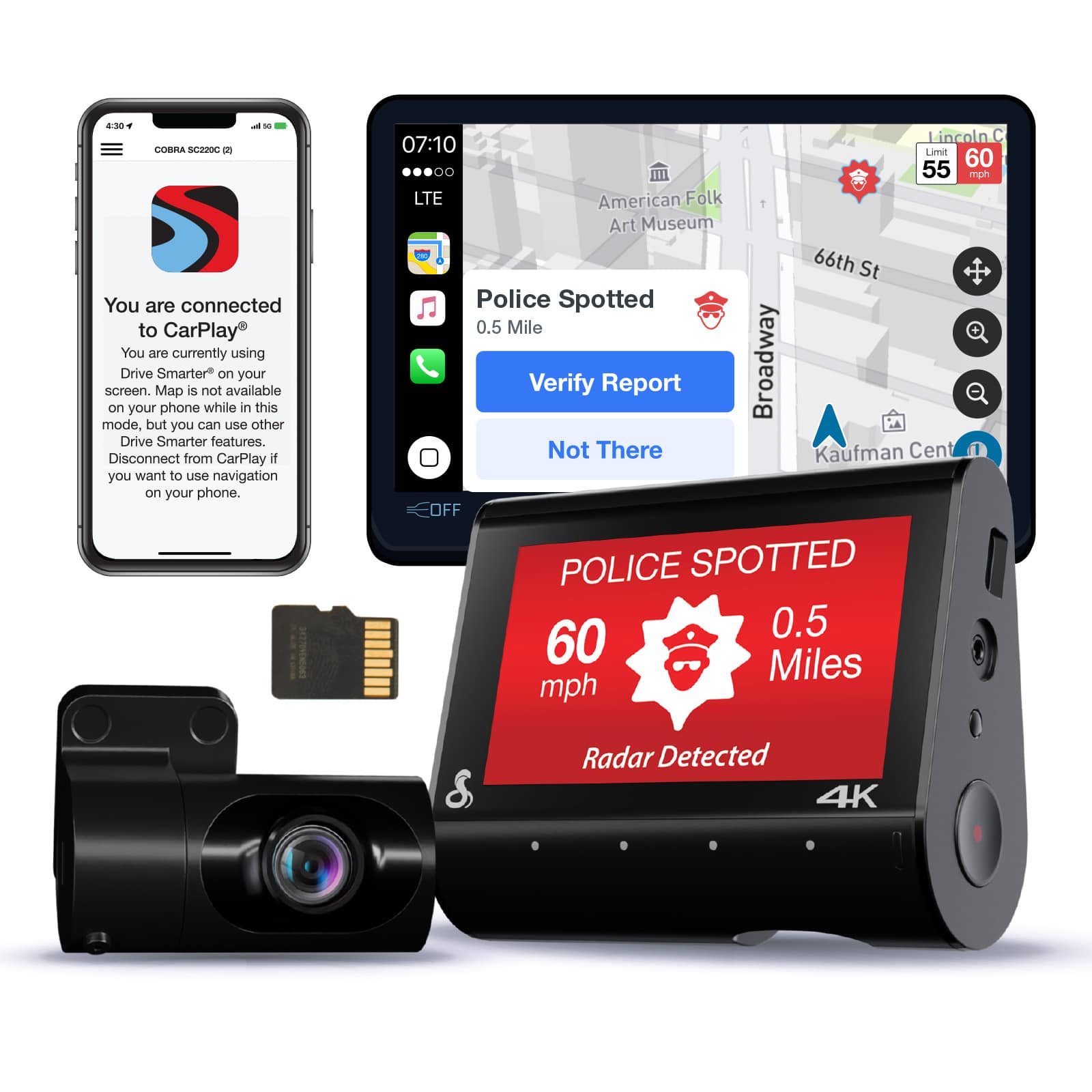 Cobra - SC 250R 4K Dual-View Front & Rear Dash Cam, works with Apple CarPlay/Android Auto - Black - Front_Zoom