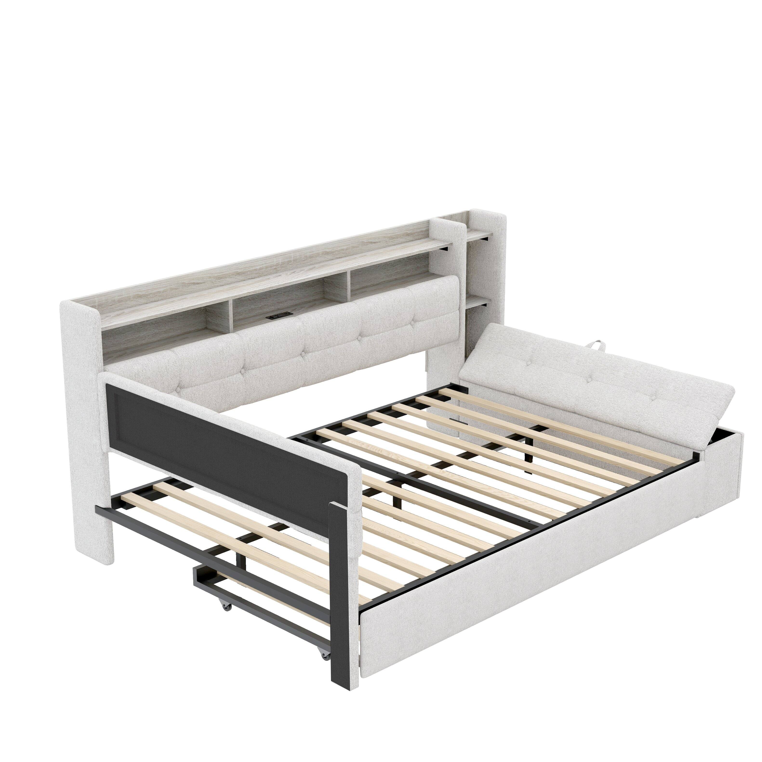 Alt View 2. Whisen - Full Size Upholstered Daybed with Trundle, Storage Shelves, LED Light & USB Charging Station - Beige.