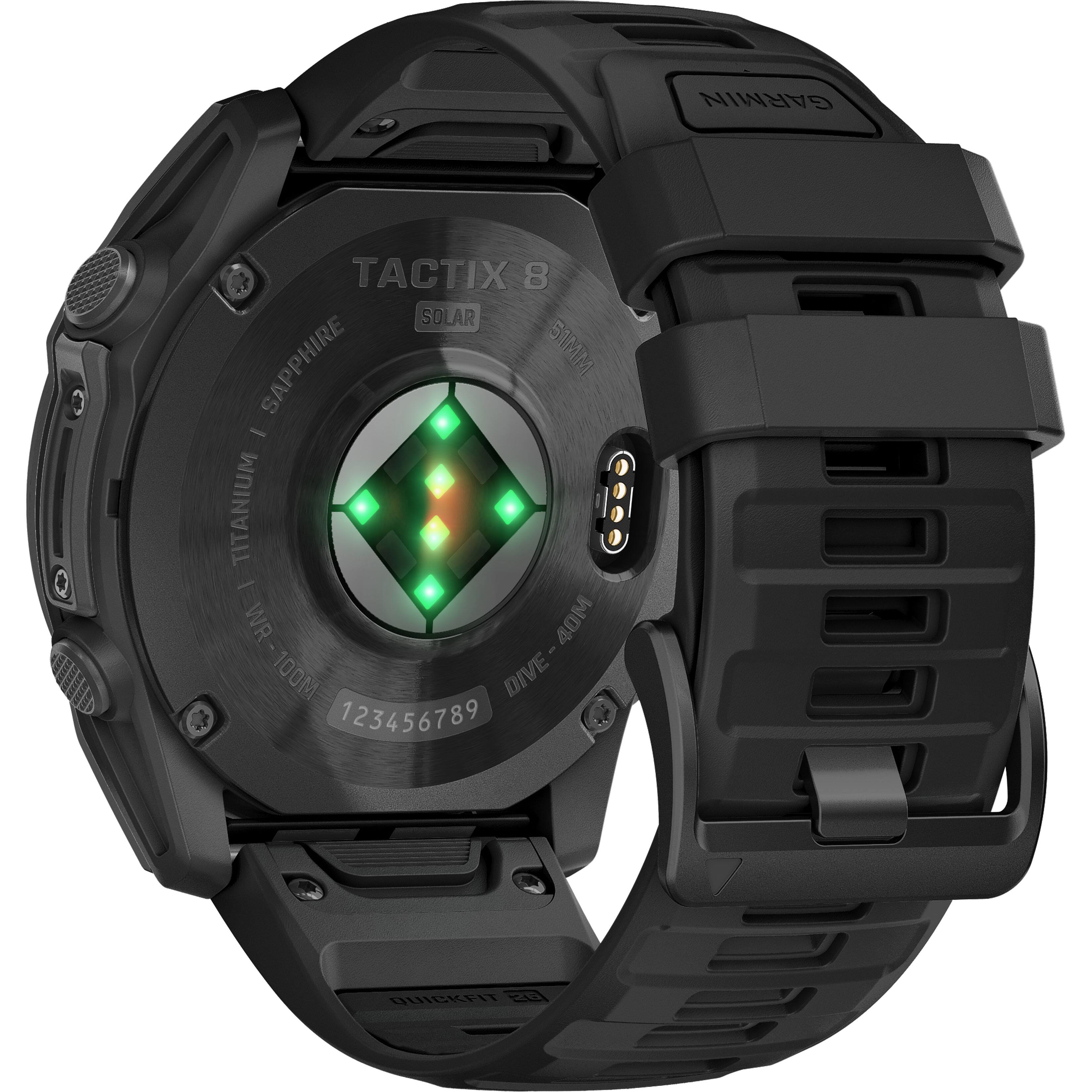 The text on the image reads "GARMIN TACTIX 8 SOLAR SAPPHIRE 51MM - TITANIUM - WR DIVE-40M 40M WR-100M I 100M DIVE 123456789 QUIERFIT 2."