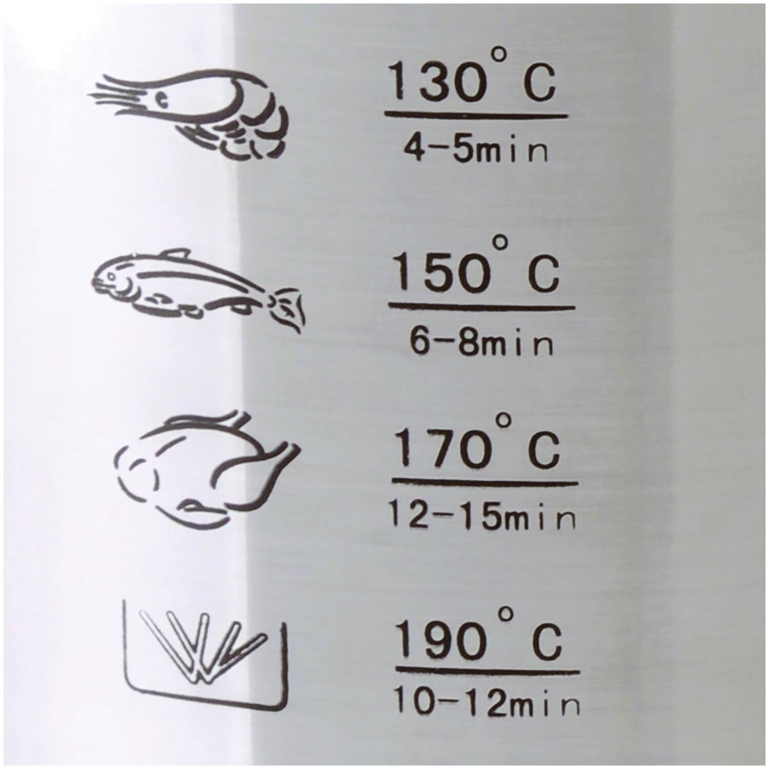 130°C  
4-5 min  

150°C  
6-8 min  

170°C  
12-15 min  

190°C  
10-12 min