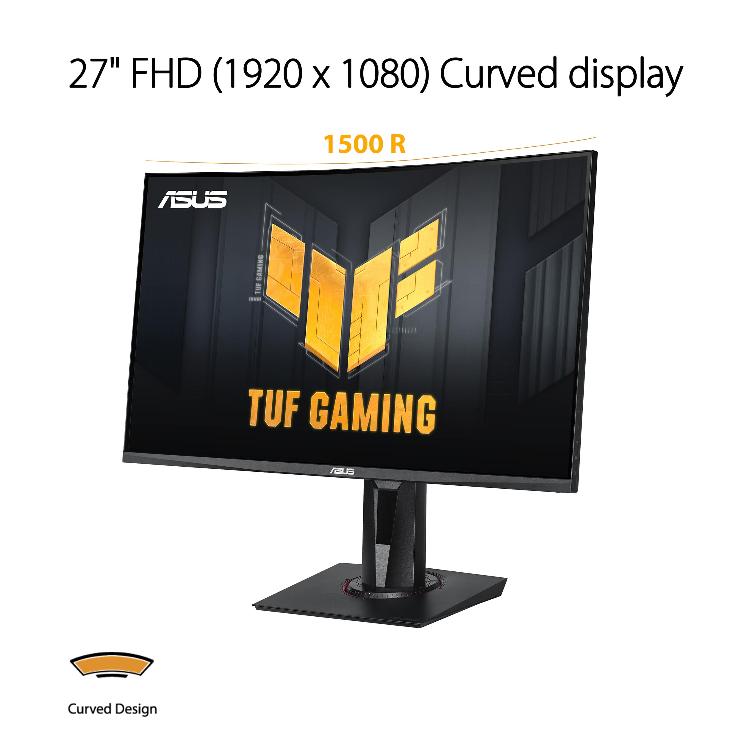 The image features a 27" FHD (1920 x 1080) curved display monitor by ASUS, specifically designed for gaming. The monitor is part of the TUF Gaming series and is known for its durability and performance. The curved display provides an immersive gaming experience, making it an ideal choice for gamers looking for a high-quality and reliable gaming monitor.
