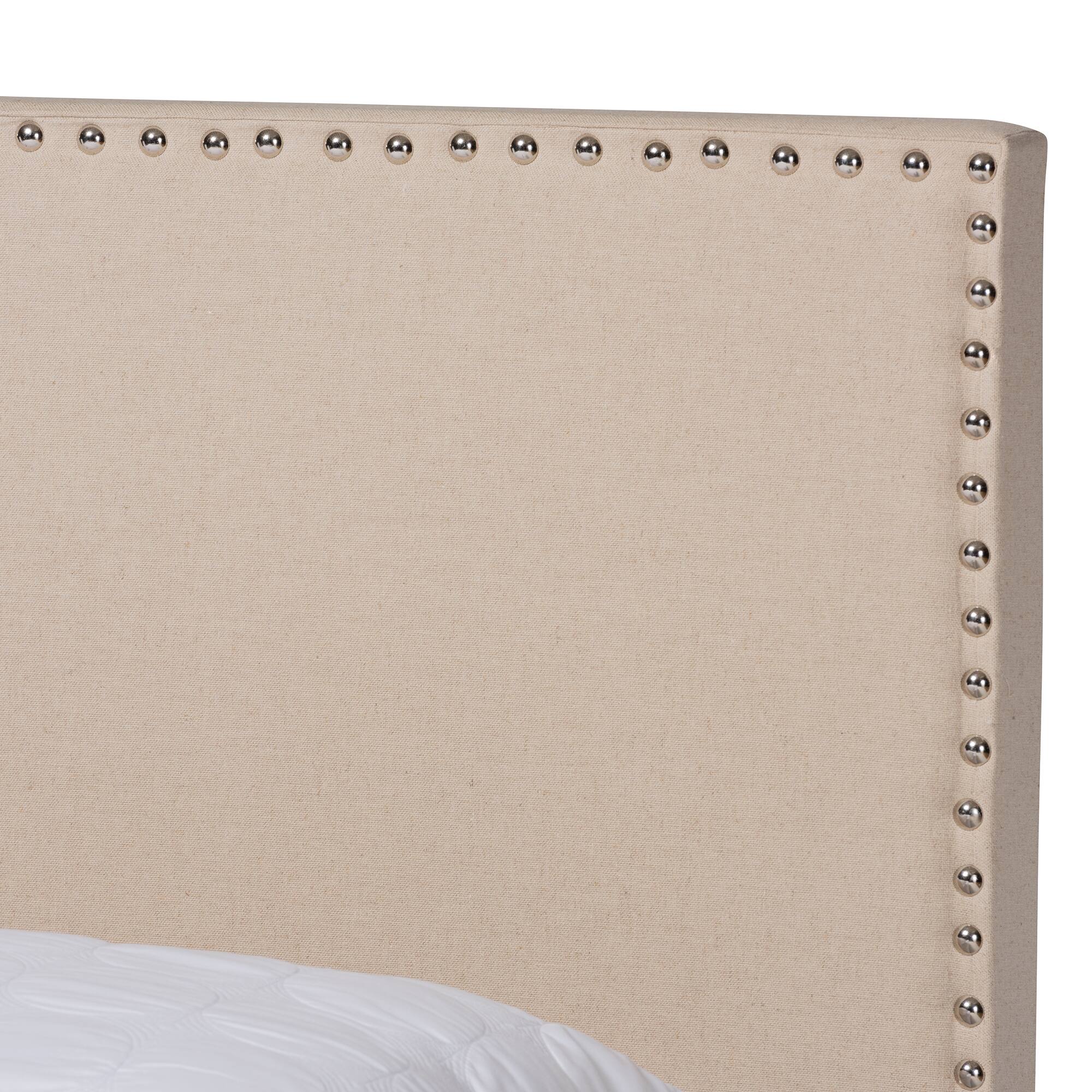 Back. Baxton Studio - Ramon Modern and Contemporary Linen Fabric Upholstered Full Size Panel Bed with Nailhead Trim - Beige/Black.