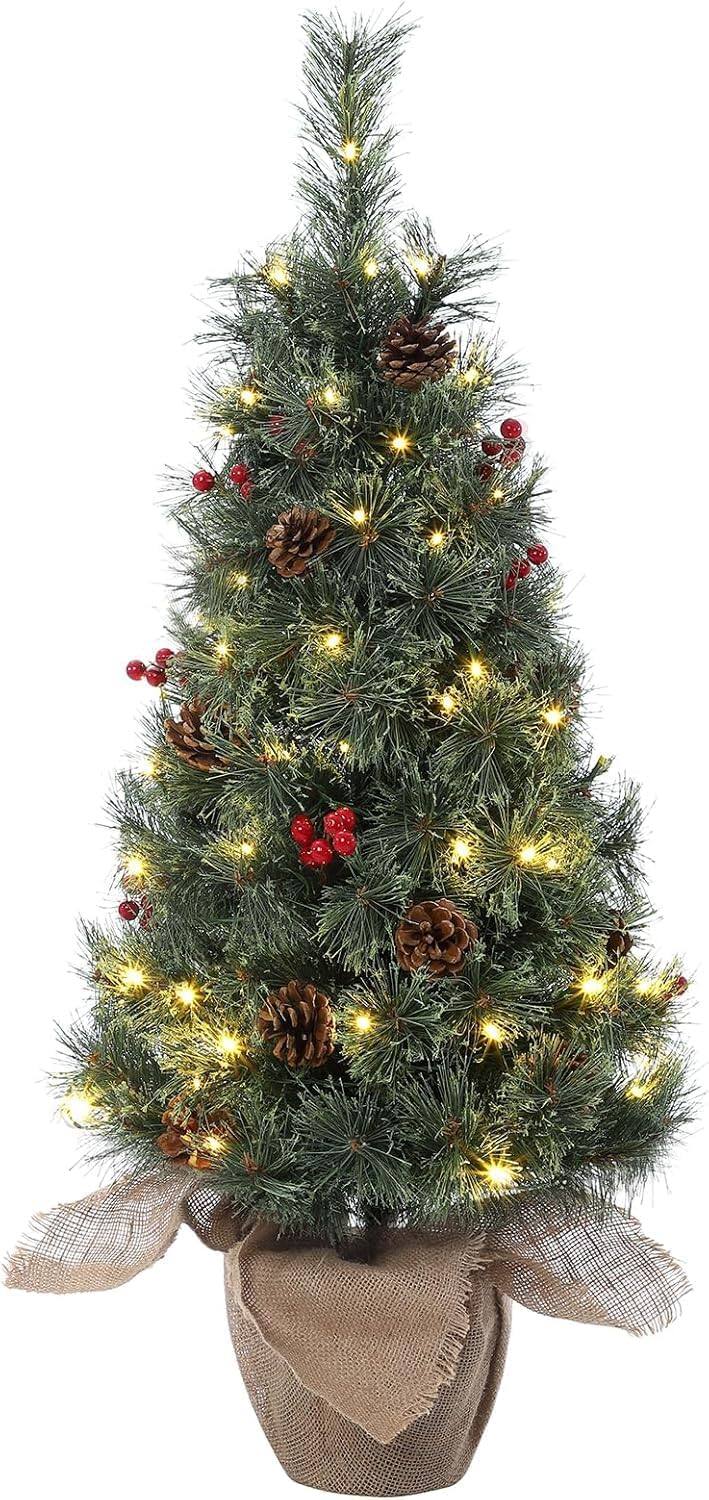 Acekool - 3ft Mini Pre-Lit Christmas Tree, Artificial Tabletop Snow Flocked Christmas Trees, Small Potted Tree with 78 LED Lights - Green