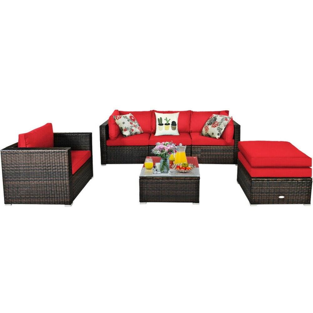 Back. Pefilos - 6 Pieces PE Rattan Furniture Set with Aluminum L-Shaped Footpads, Outdoor Conversation Set with Sectional Cushion - Red.