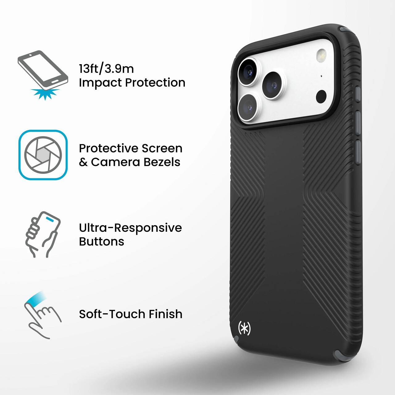 13ft/3.9m Impact Protection  
Protective Screen & Camera Bezels  
Ultra-Responsive Buttons  
Soft-Touch Finish