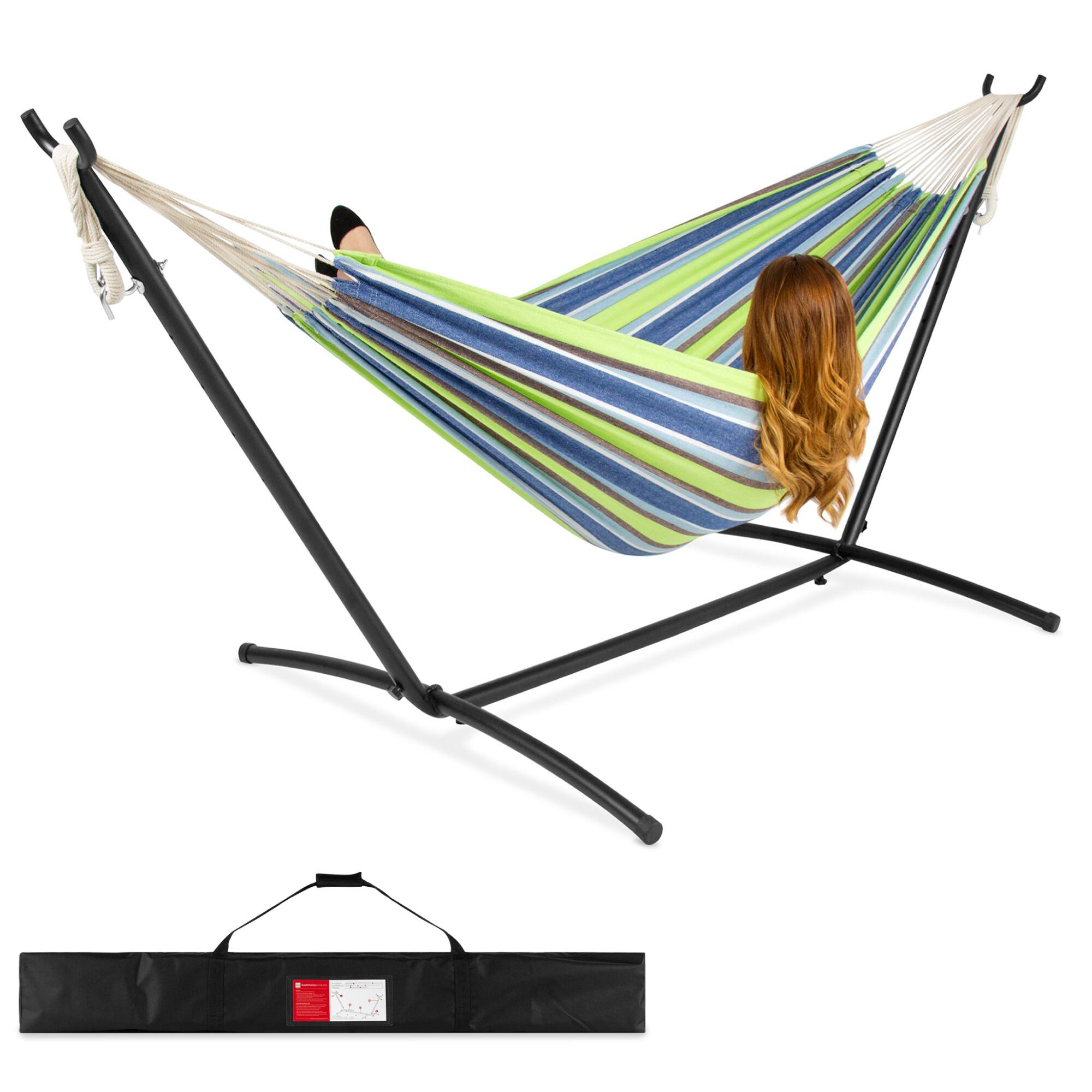Front. Best Choice Products - Best Choice Products 2-Person Brazilian-Style Cotton Double Hammock with Stand Set w/ Carrying Bag - Blue/Green Stripes - Blue Green Stripe.