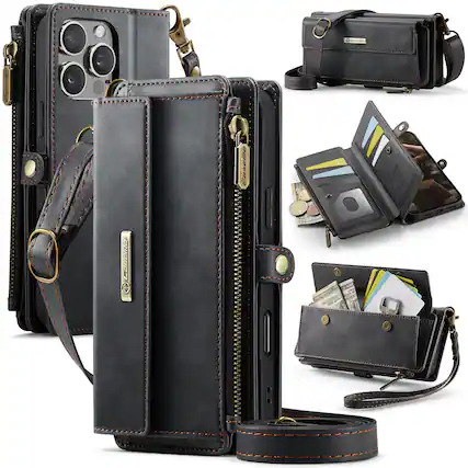Front. Dteck - Wallet Case for Apple iPhone 15 Pro Max, Leather Shockproof Card Slots Zipper Pocket Cover With Shoulder Strap+Lanyard - Black.