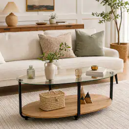 WELLFOR - 2-Tier Oval Coffee Table with Glass-Top, Center Table Cocktail Tea Table for Living Room - Brown