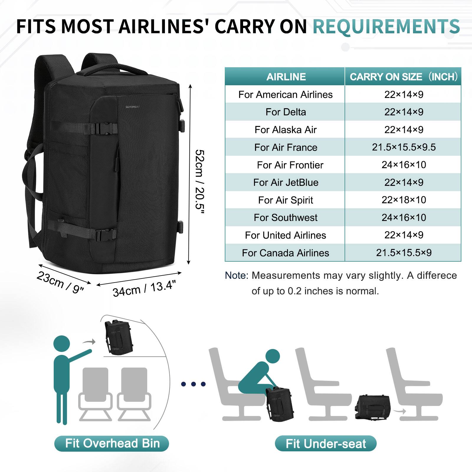 FITS MOST AIRLINES' CARRY ON REQUIREMENTS

AIRLINE | CARRY ON SIZE (INCH)

For American Airlines | 22x14x9

For Delta | 22x14x9

For Alaska Air | 22x14x9

For Air France | 21.5x15.5x9.5

For Air Frontier | 24x16x10

For Air JetBlue | 22x14x9

For Air Spirit | 22x18x10

For Southwest | 24x16x10

For United Airlines | 22x14x9

For Canada Airlines | 21.5x15.5x9

Note: Measurements may vary slightly. A difference of up to 0.2 inches is normal.

Fit Overhead Bin

Fit Under-seat