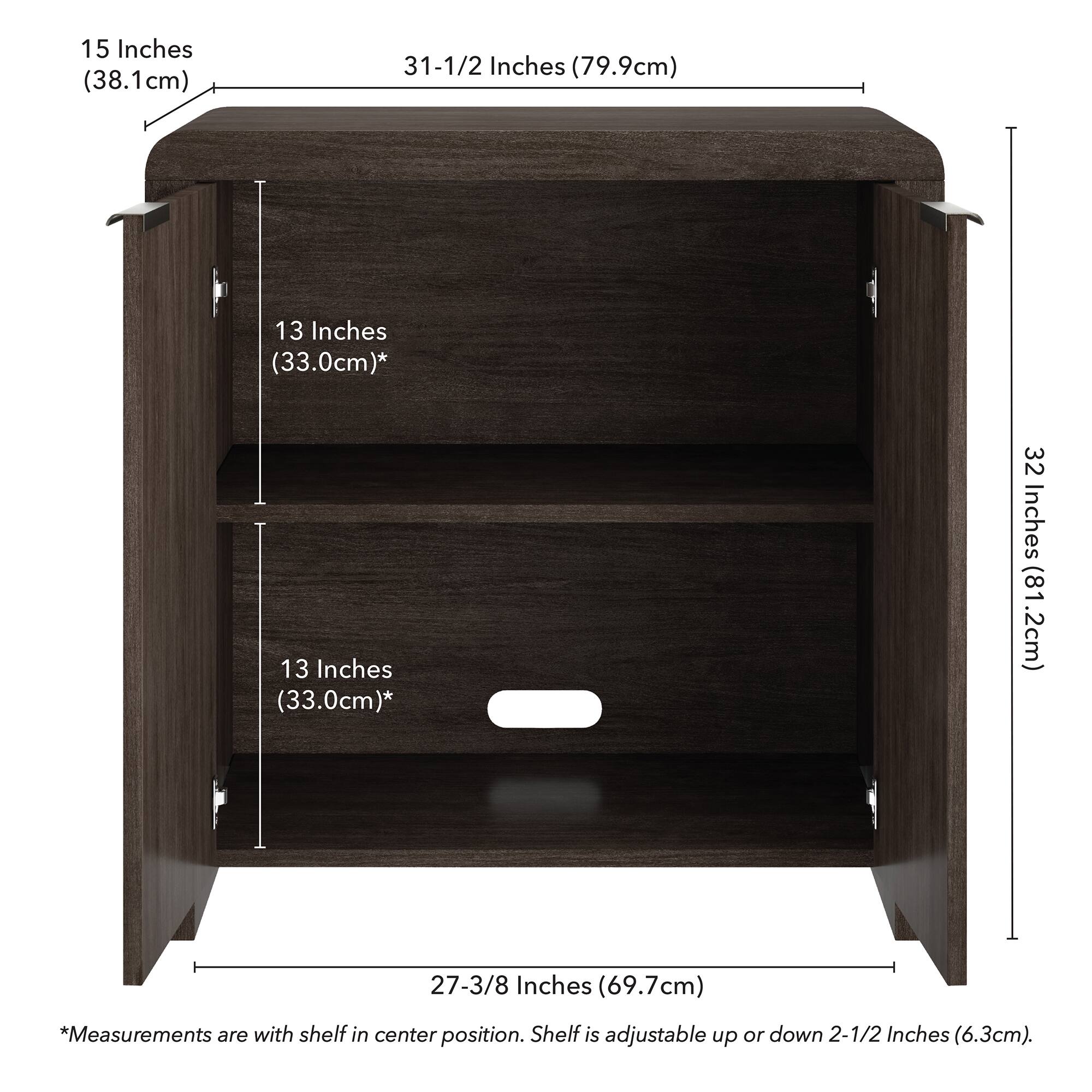 15 Inches (38.1cm)  
31-1/2 Inches (79.9cm)  
13 Inches (33.0cm)*  
13 Inches (33.0cm)*  
32 Inches (81.2cm)  
27-3/8 Inches (69.7cm)  

*Measurements are with shelf in center position. Shelf is adjustable up or down 2-1/2 Inches (6.3cm).