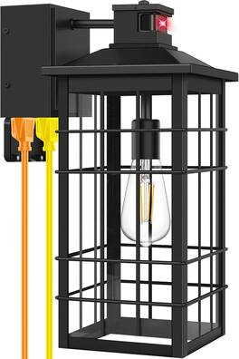 Nordic Hygge - 18inch Large Size Motion Sensor Porch Light with GFCI Outlets, Dusk to Dawn Outdoor Wall Light Fixture, 3 Modes - Black