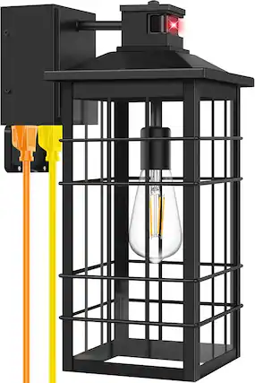 Front. Nordic Hygge - 18inch Large Size Motion Sensor Porch Light with GFCI Outlets, Dusk to Dawn Black Outdoor Wall Light Fixture, 3 Modes - Black.