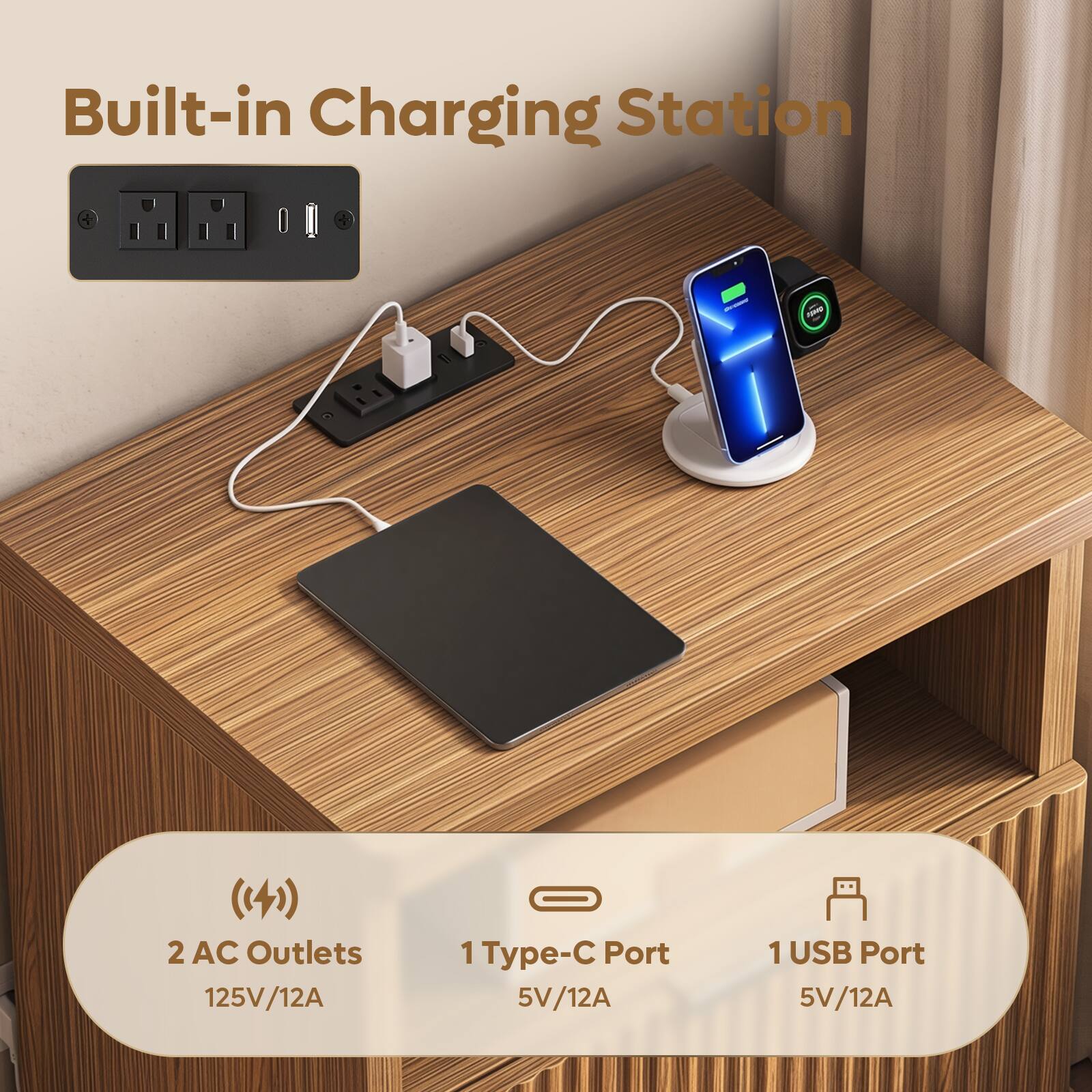 Built-in Charging Station

2 AC Outlets 125V/12A

1 Type-C Port 5V/12A

1 USB Port 5V/12A