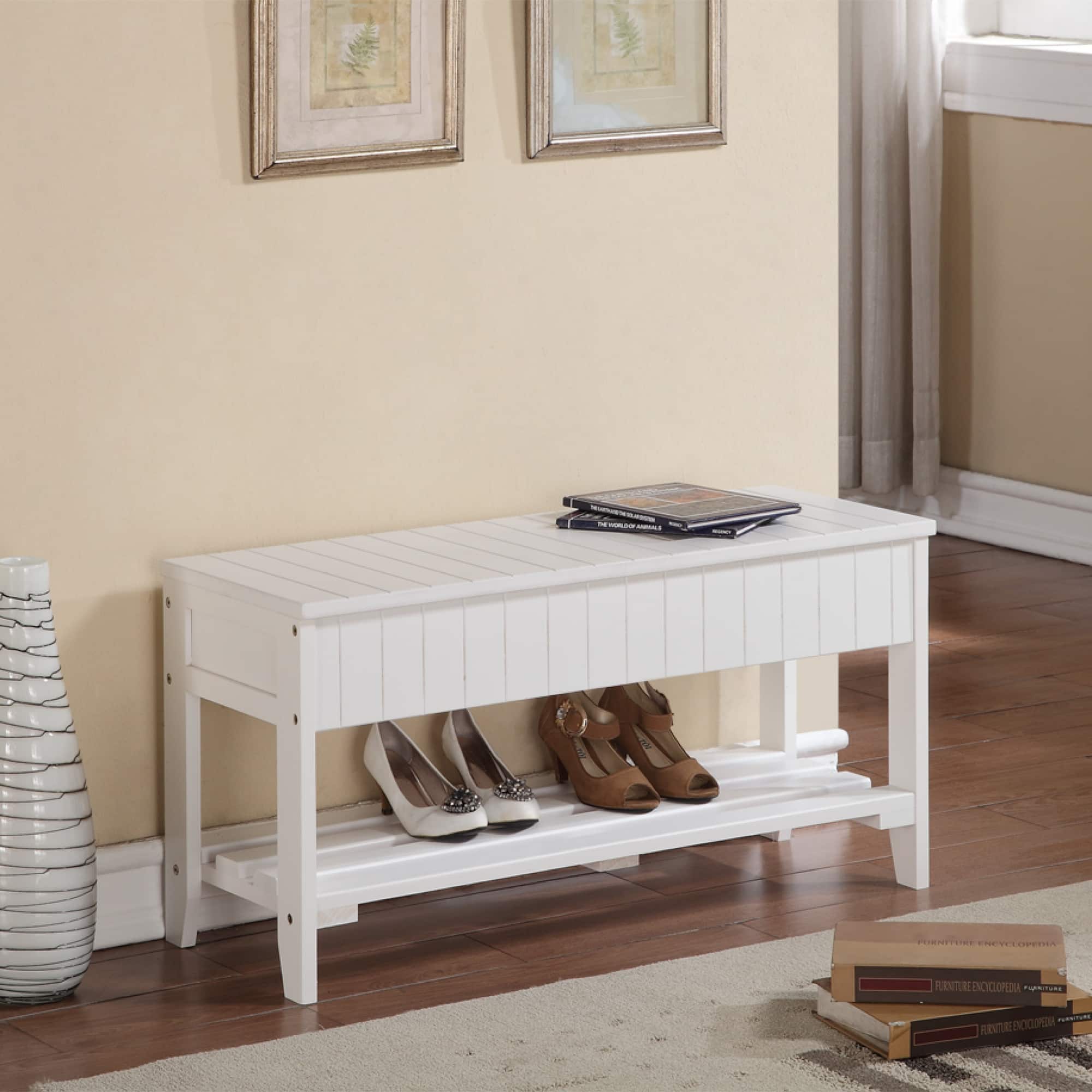 GOODSILO - Solid Wood Entryway Storage Bench with Slatted Design for Organized Home Entry Spaces - White