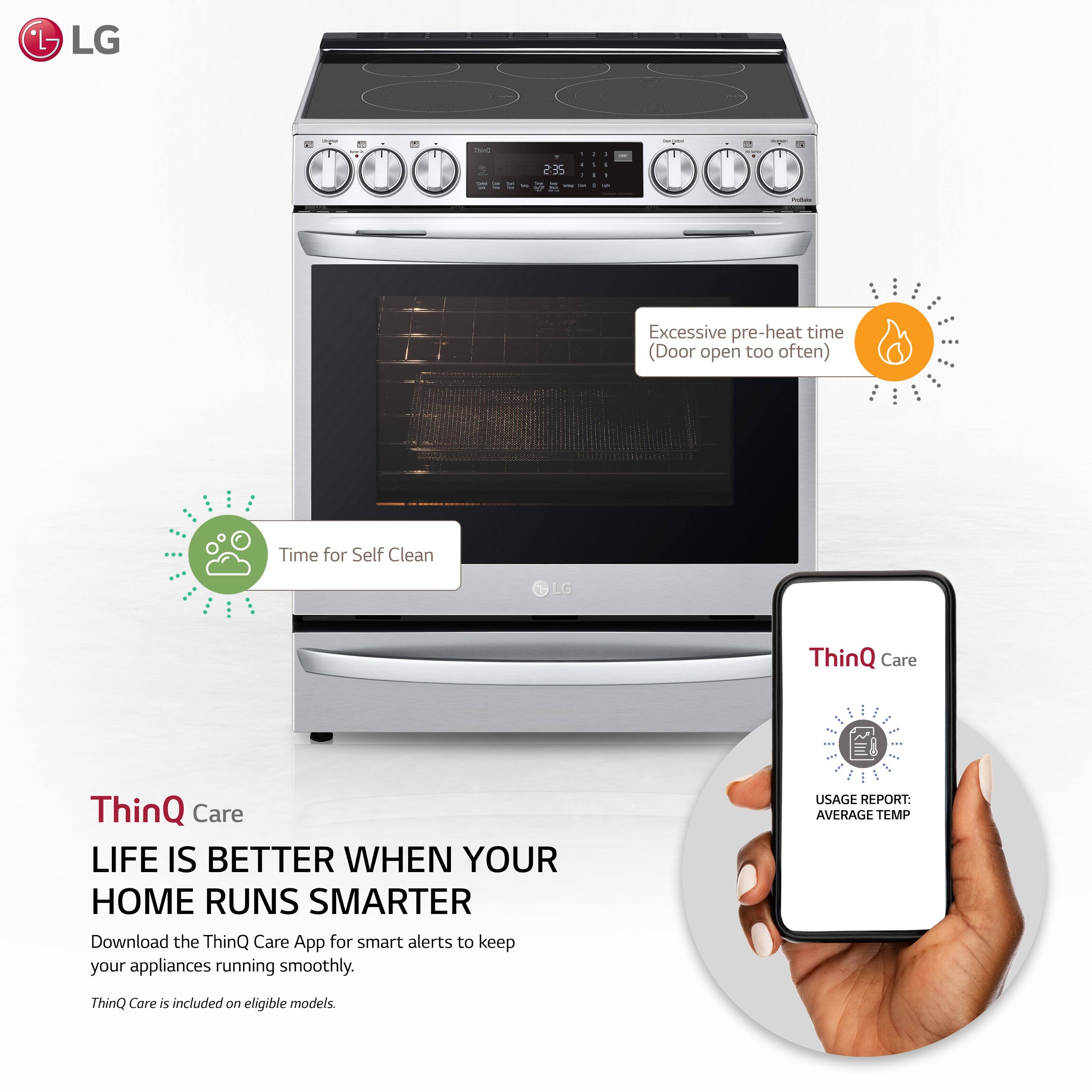LG ThinQ Care: LIFE IS BETTER WHEN YOUR HOME RUNS SMARTER. Download the ThinQ Care App for smart alerts to keep your appliances running smoothly. USAGE REPORT: AVERAGE TEMP. ThinQ Care is included on eligible models.