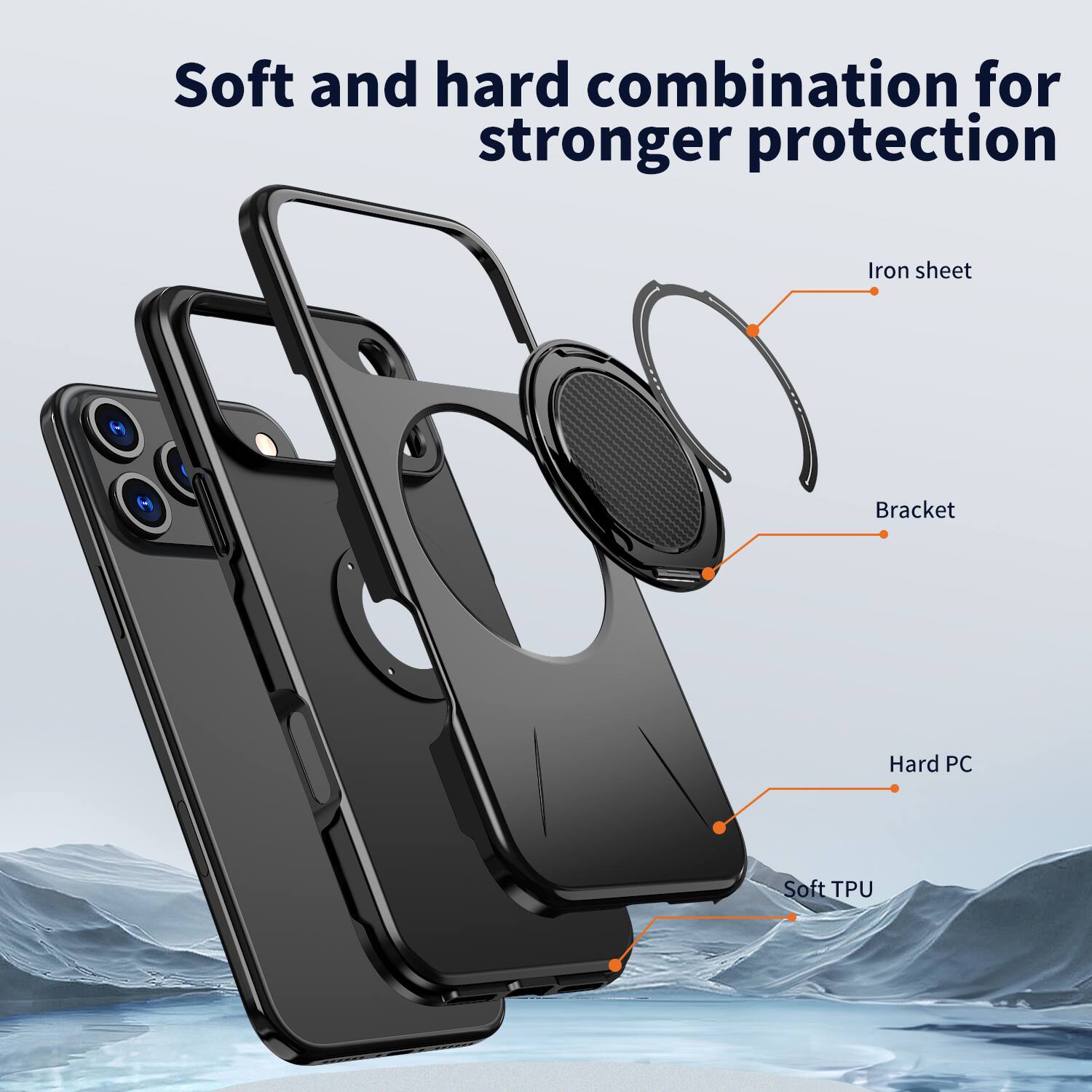 Soft and hard combination for stronger protection  
Iron sheet  
Bracket  
Hard PC  
Soft TPU