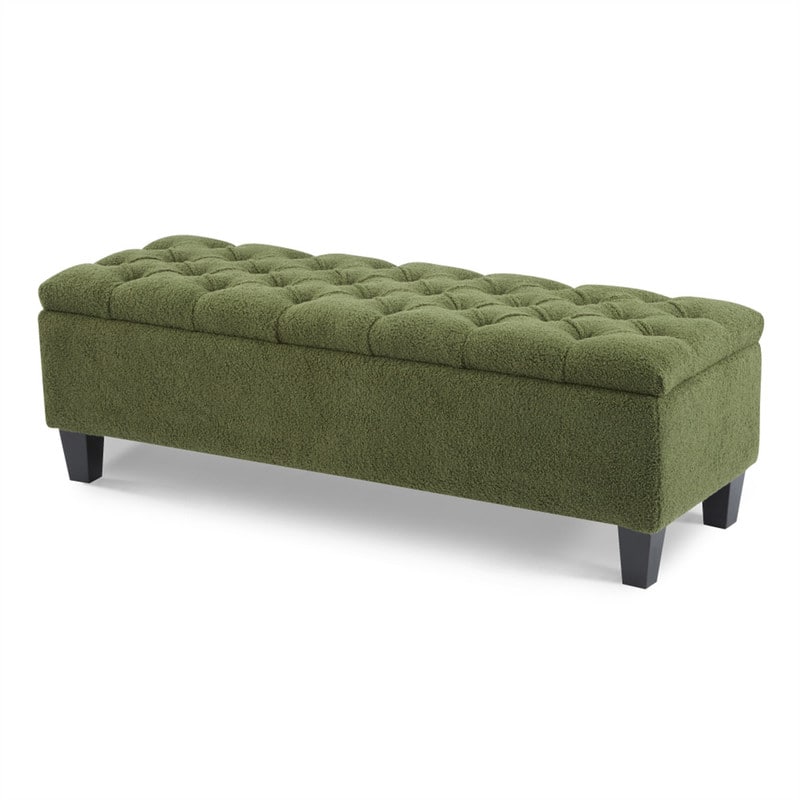 HTUTWOO - Ottoman Bench with Storage - Boucle Surface, Rubber Wood Legs, 300 lbs Capacity,MDF/Pine/Plywood Construction - Green